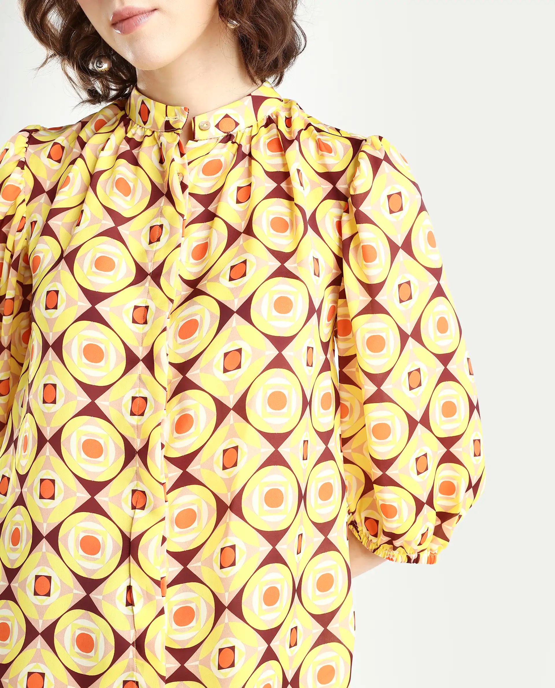 Rareism Women's Mason Yellow Polyester Mandarin Collar Geometric Print Balloon Sleeve Regular Fit Top