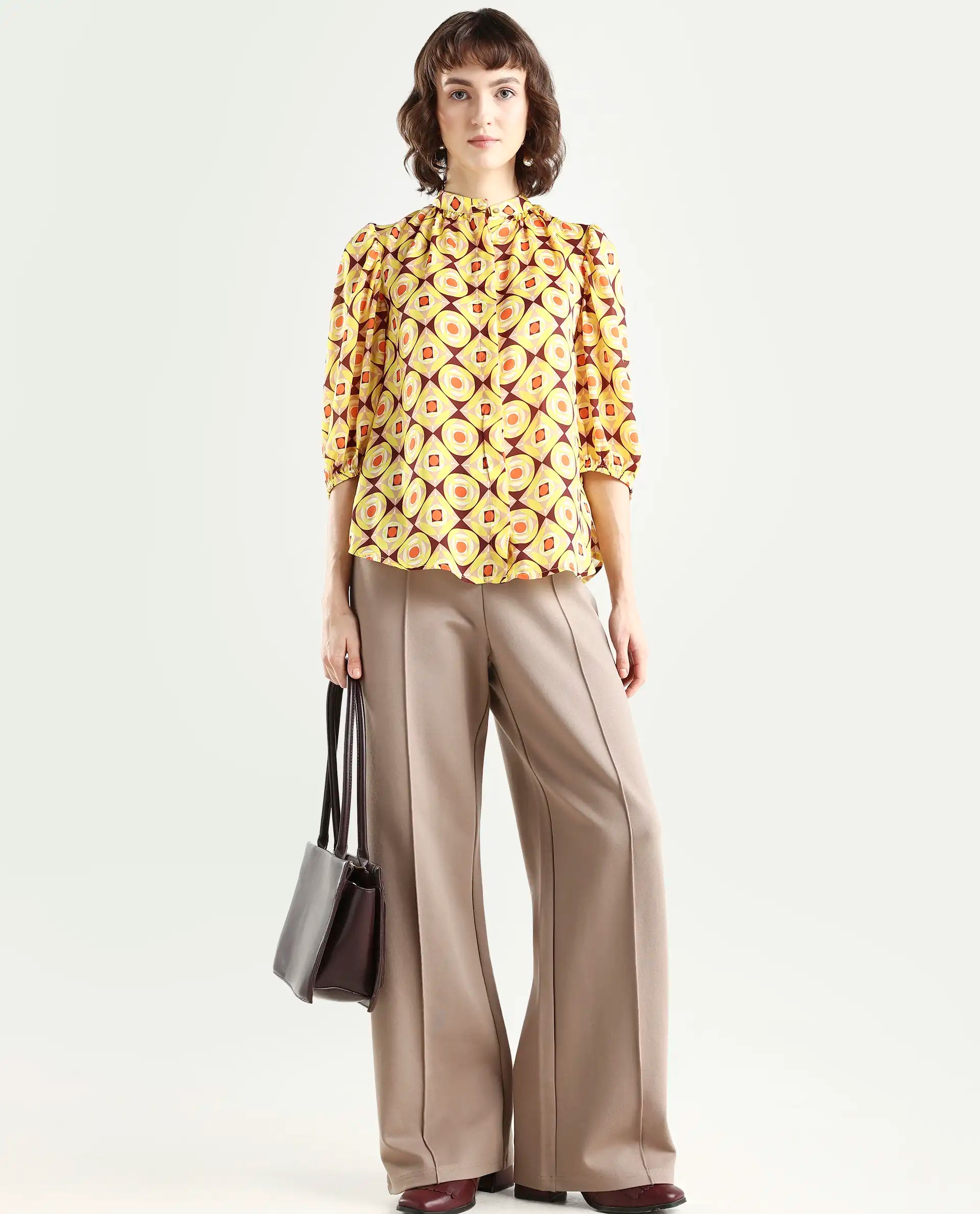 Rareism Women's Mason Yellow Polyester Mandarin Collar Geometric Print Balloon Sleeve Regular Fit Top