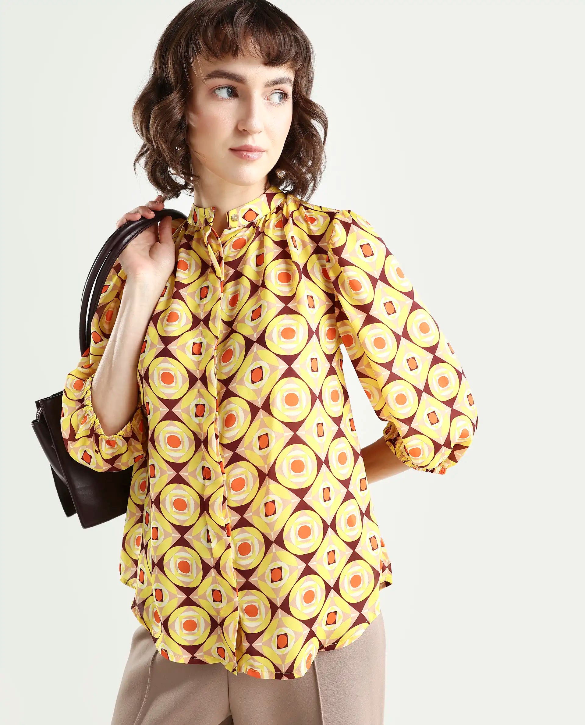 Rareism Women's Mason Yellow Polyester Mandarin Collar Geometric Print Balloon Sleeve Regular Fit Top
