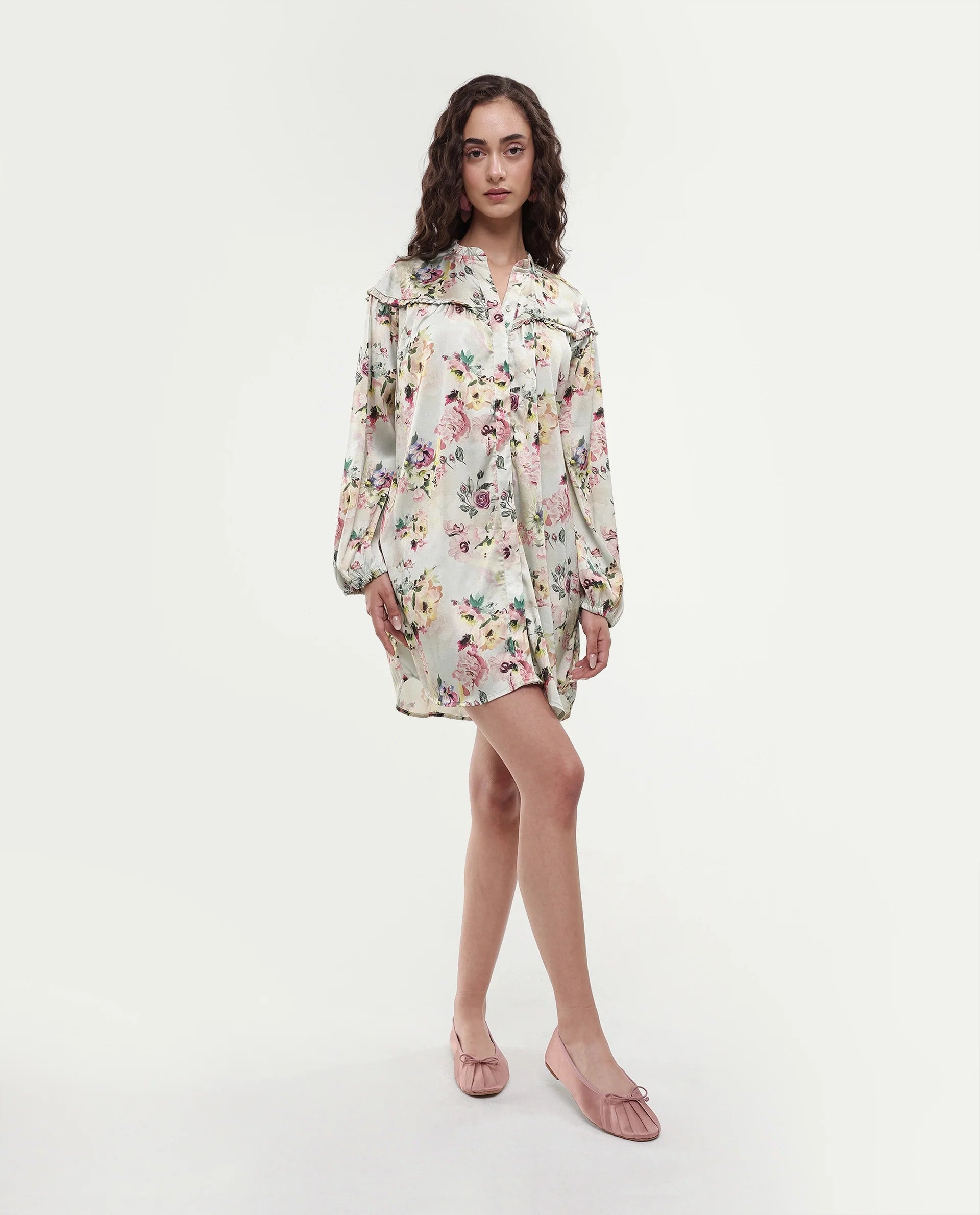 Rareism Women's Penelope Beige Polyester Ruffled Neck Floral Print Mini Regular Fit Dress