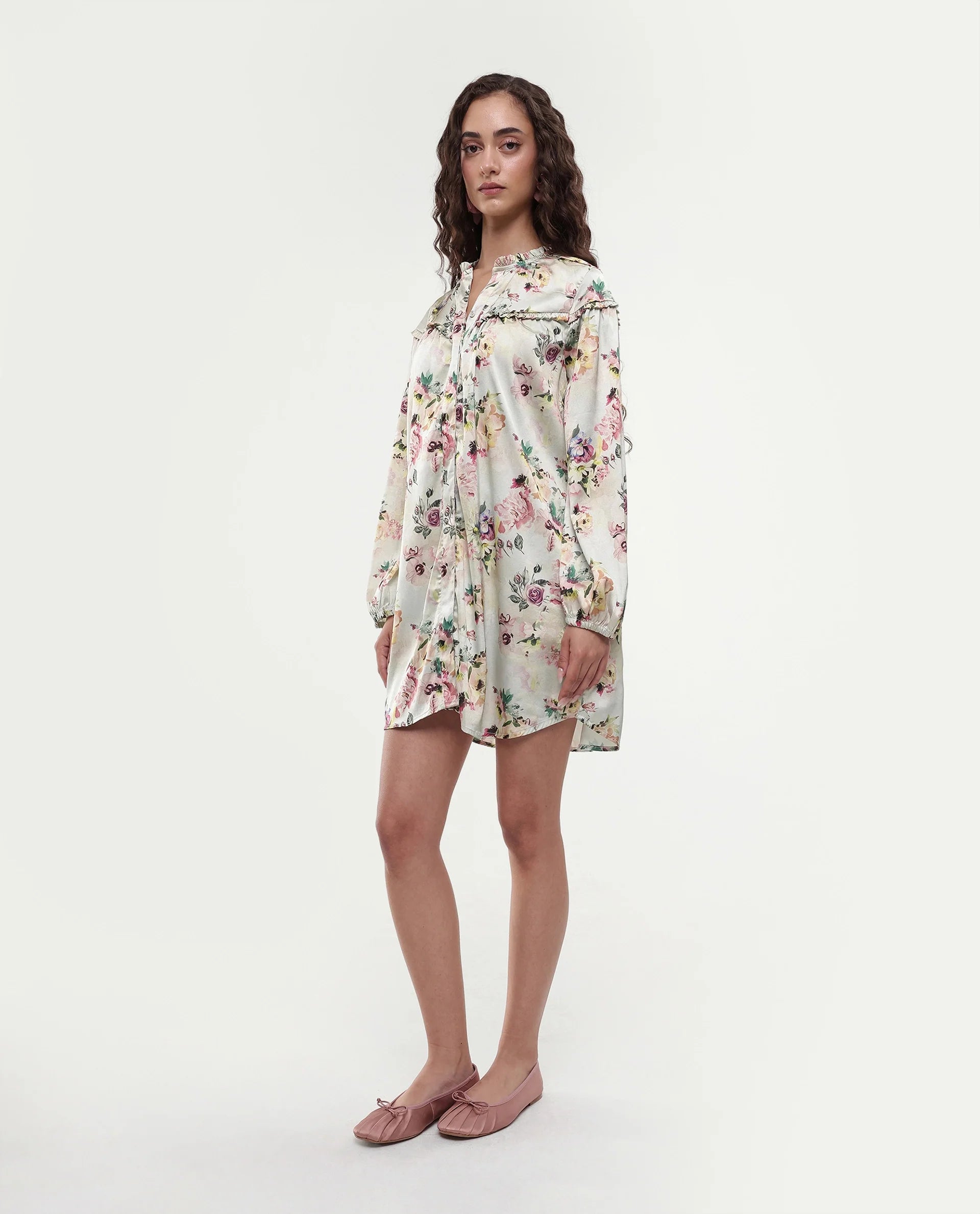 Rareism Women's Penelope Beige Polyester Ruffled Neck Floral Print Mini Regular Fit Dress
