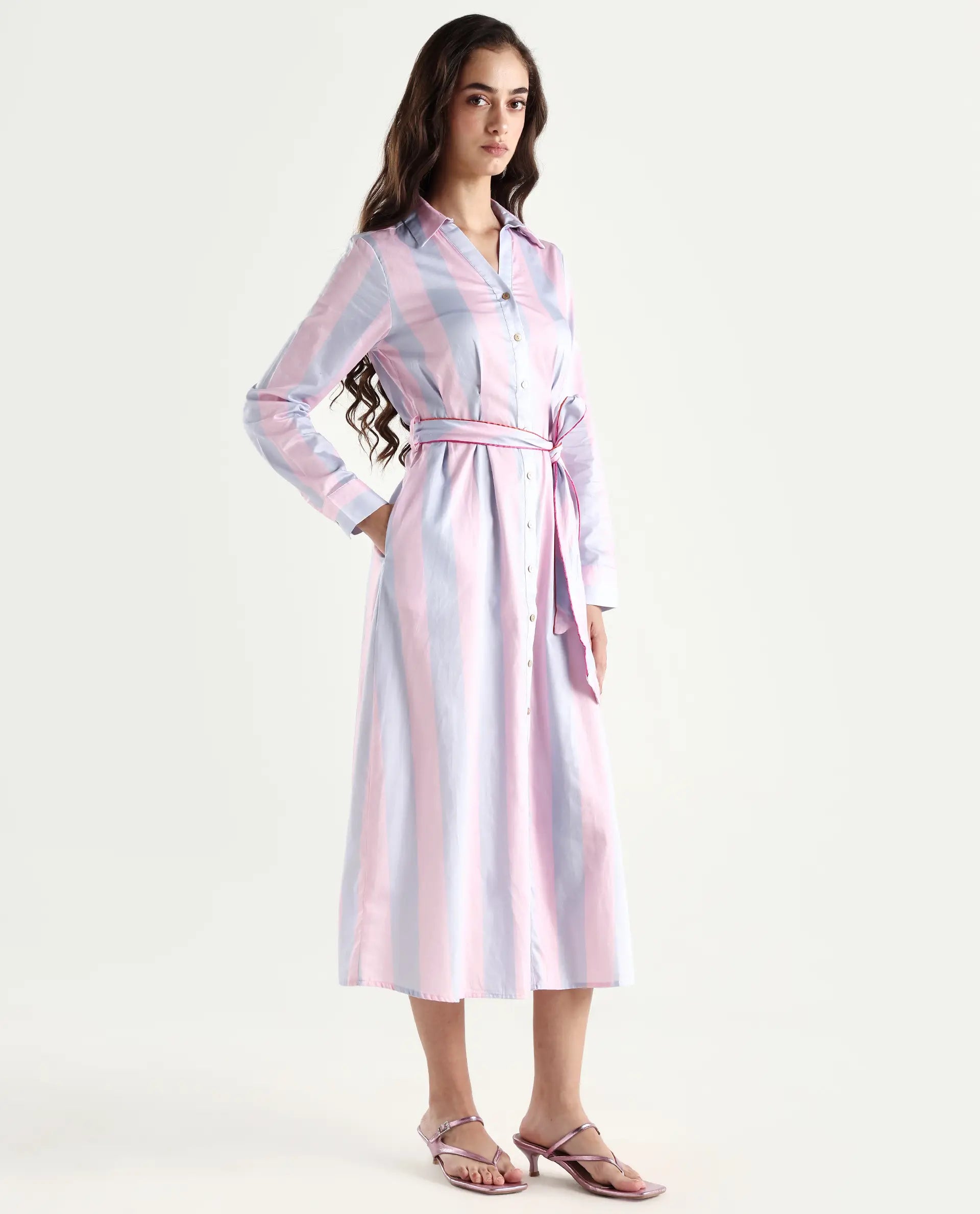 Rareism Women's Prach Pink Cotton Spread Collar Striped Knee Length Regular Fit Dress