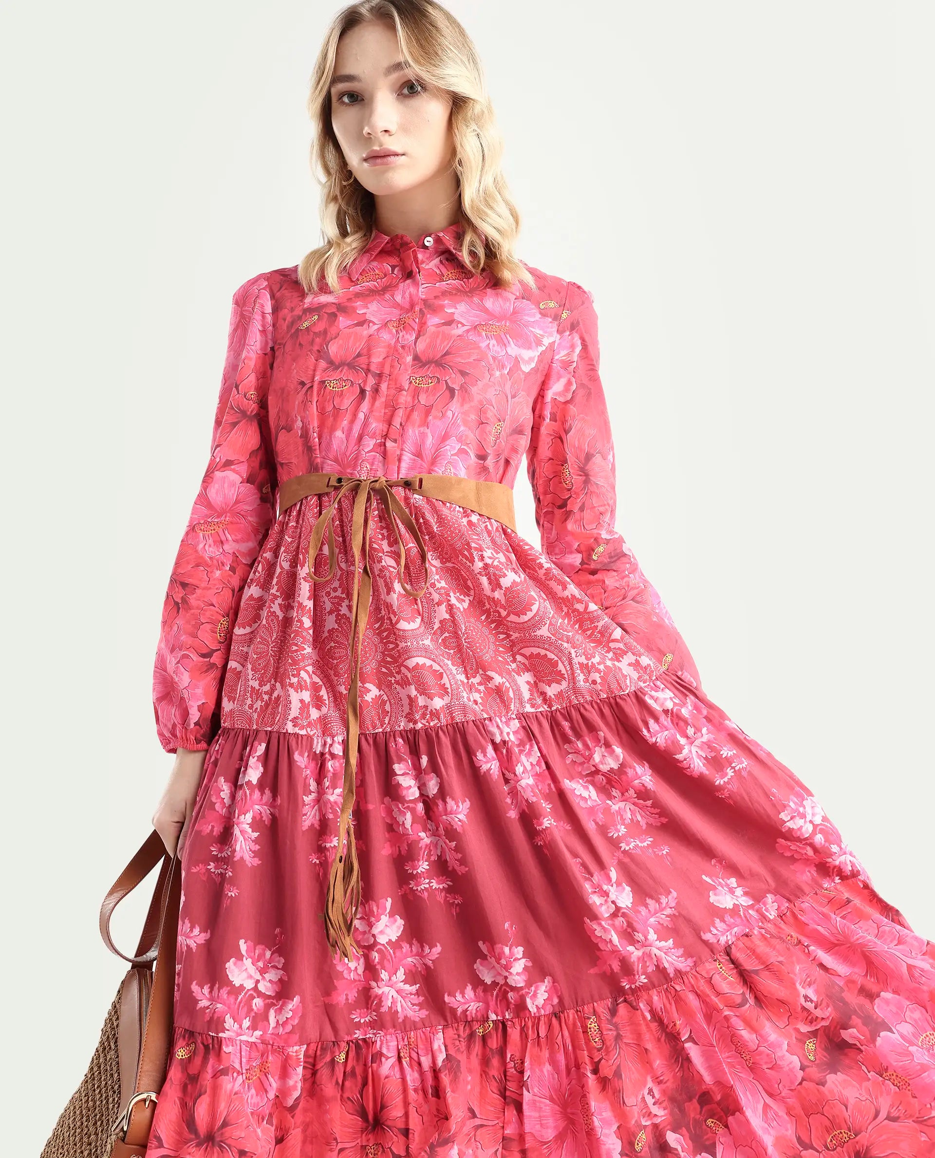 Rareism Women's Ixora Maroon Cotton Spread Collar Floral Print Knee Length Regular Fit Dress