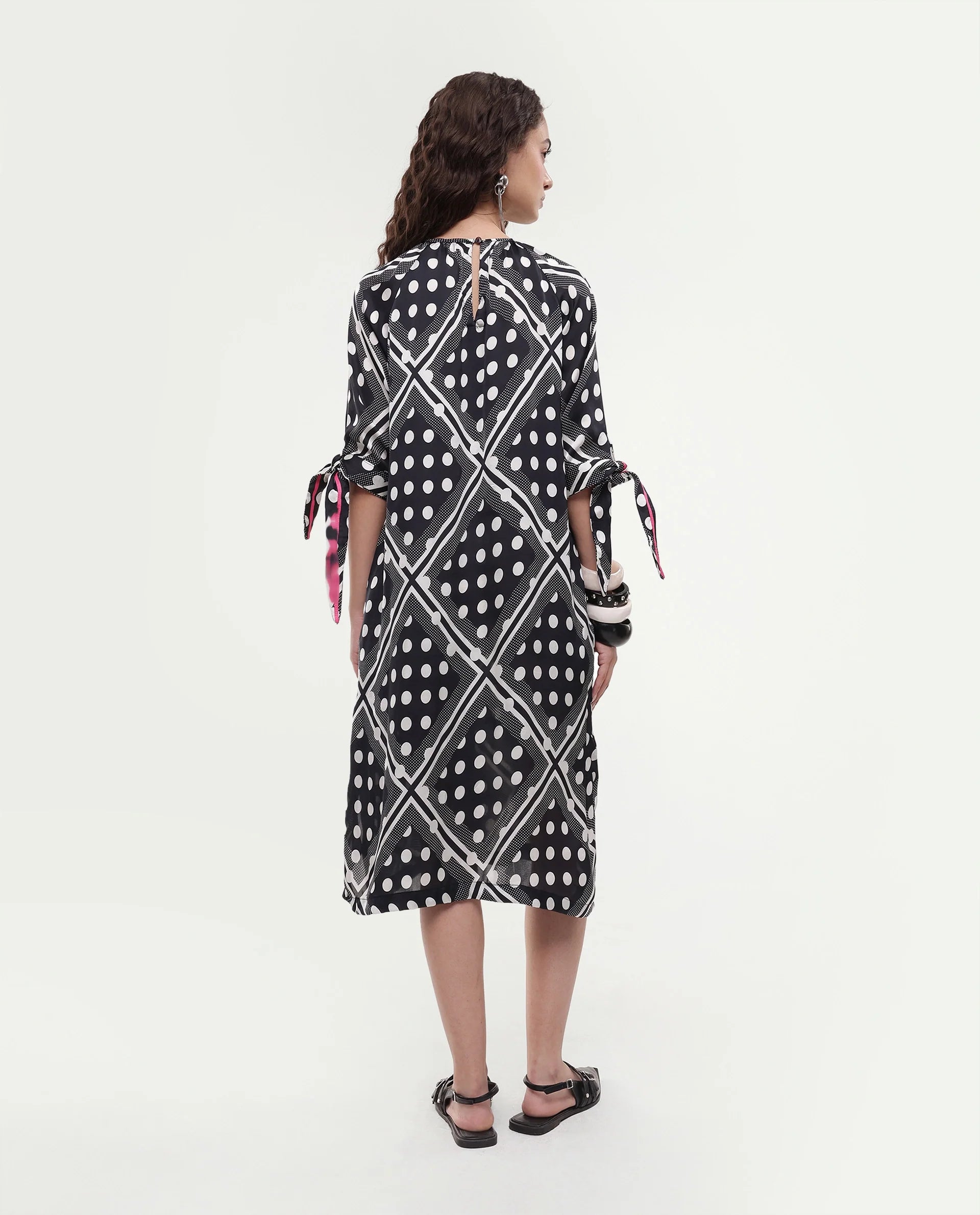 Rareism Women's Jeannie Black Polyester Boat Neck Polka Print Knee Length Regular Fit Dress