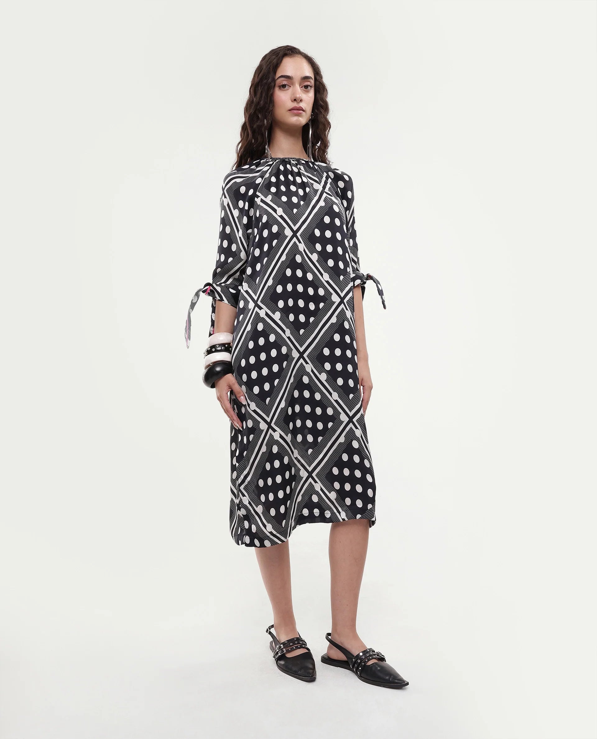 Rareism Women's Jeannie Black Polyester Boat Neck Polka Print Knee Length Regular Fit Dress