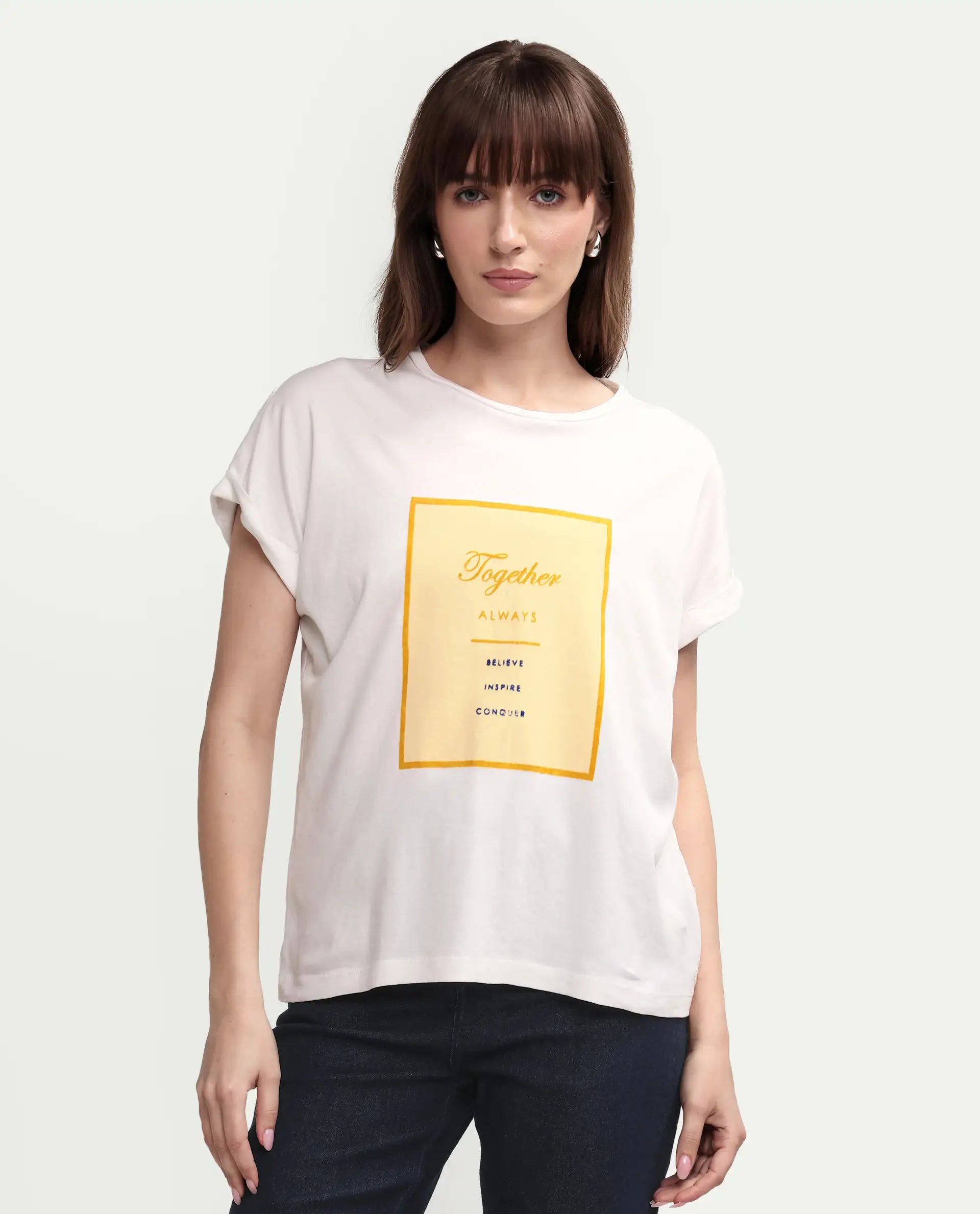Rareism Women's Ira White Cotton Crew Neck Graphic Print Regular Fit T-Shirt