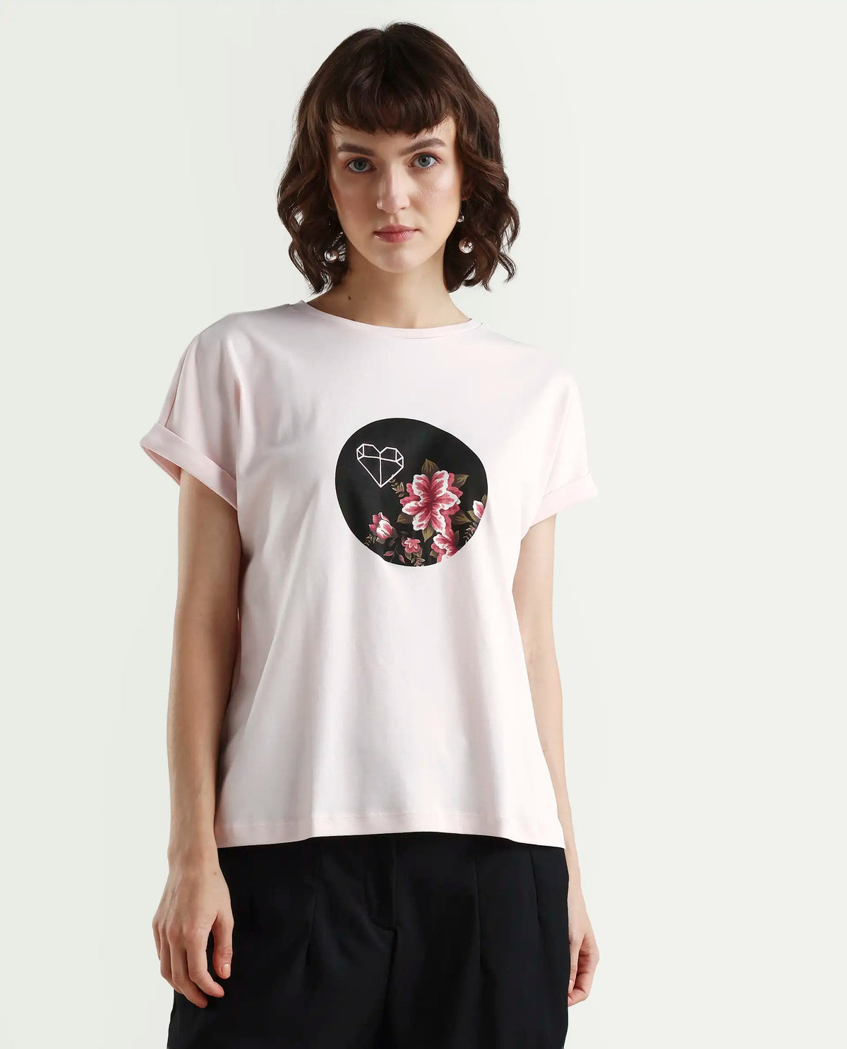 Rareism Women's Vitivus Pink Cotton Crew Neck Graphic Print Regular Fit T-Shirt