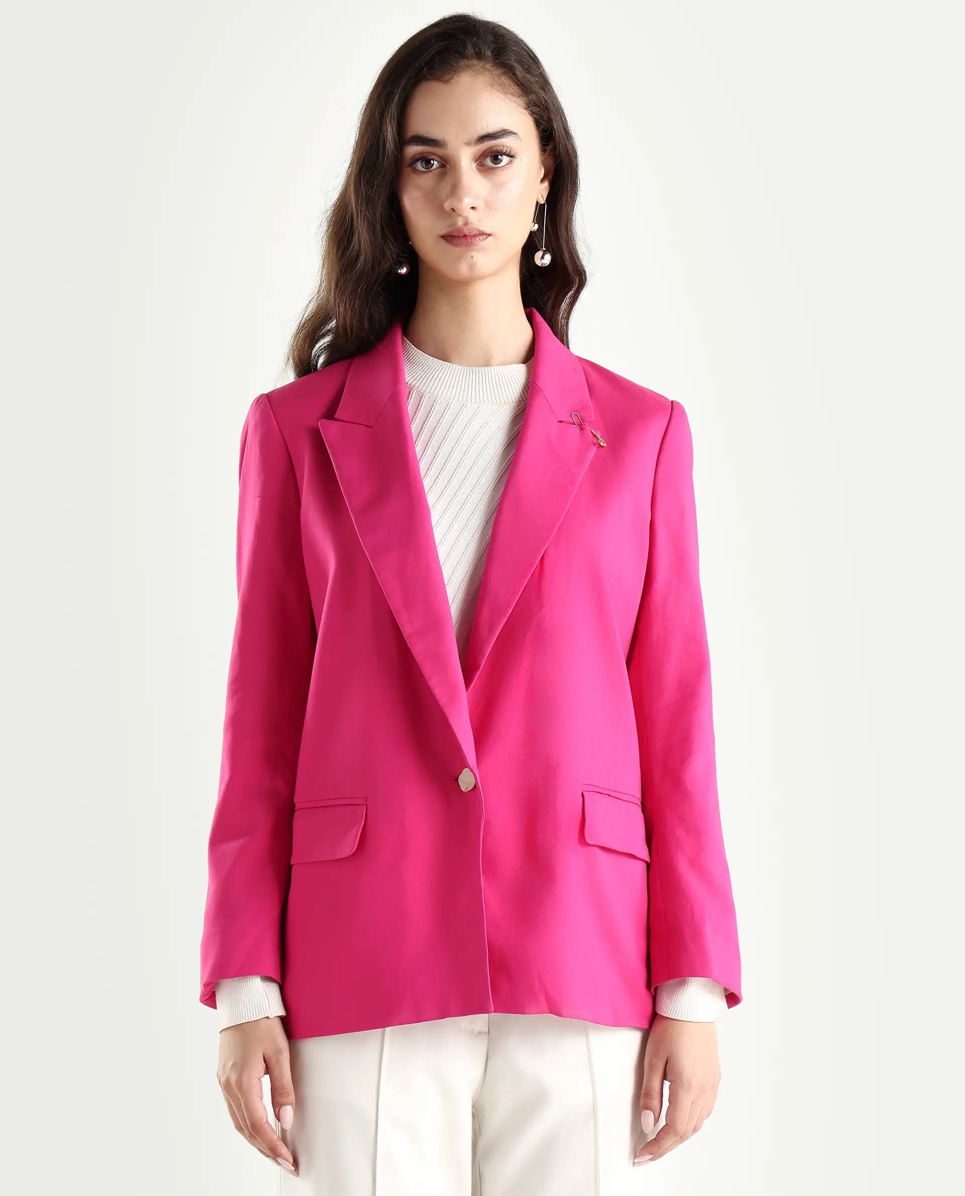 Rareism Women's Ziva Pink Polyester Lapel Neck Plain Tailored Blazer