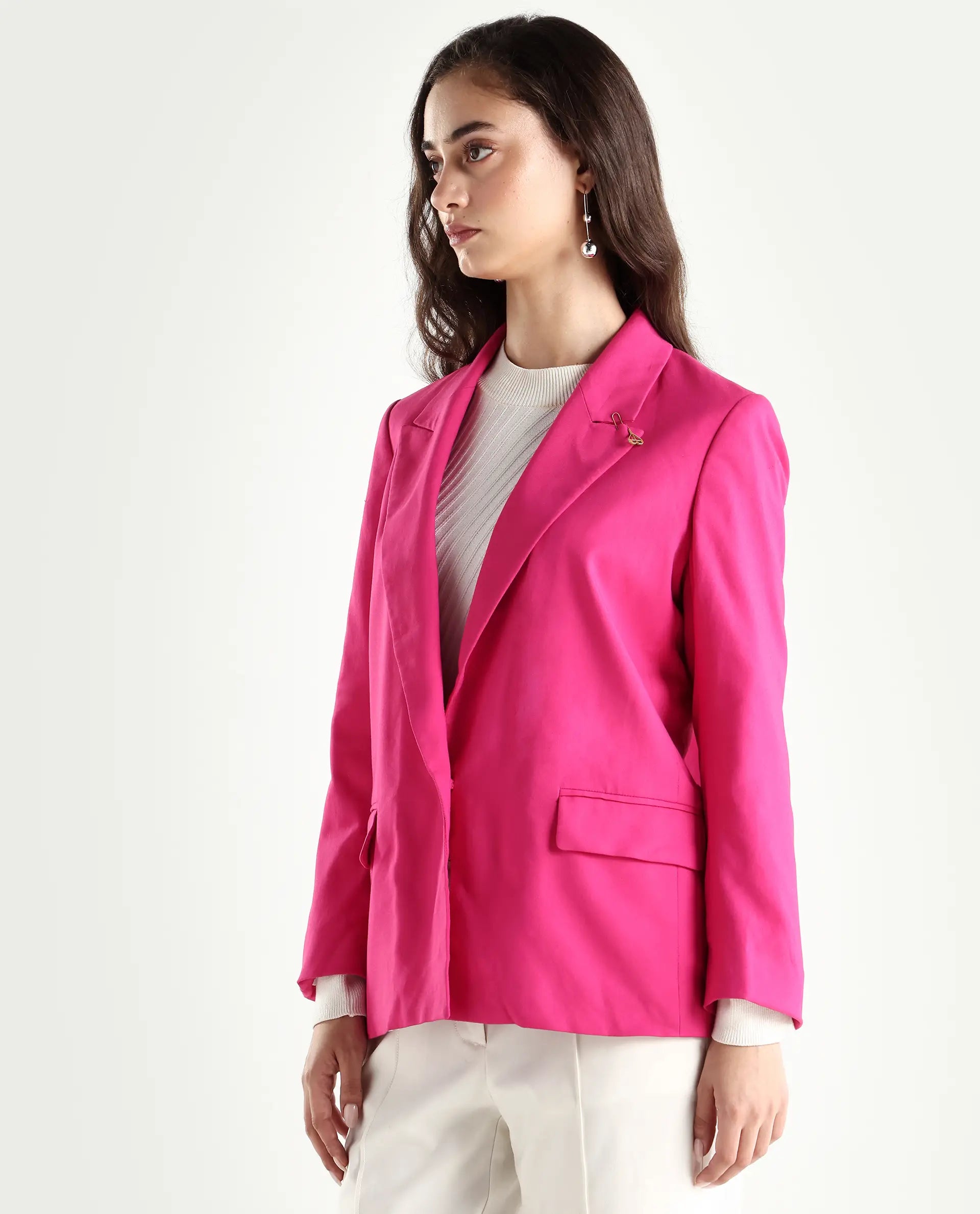 Rareism Women's Ziva Pink Polyester Lapel Neck Plain Tailored Blazer
