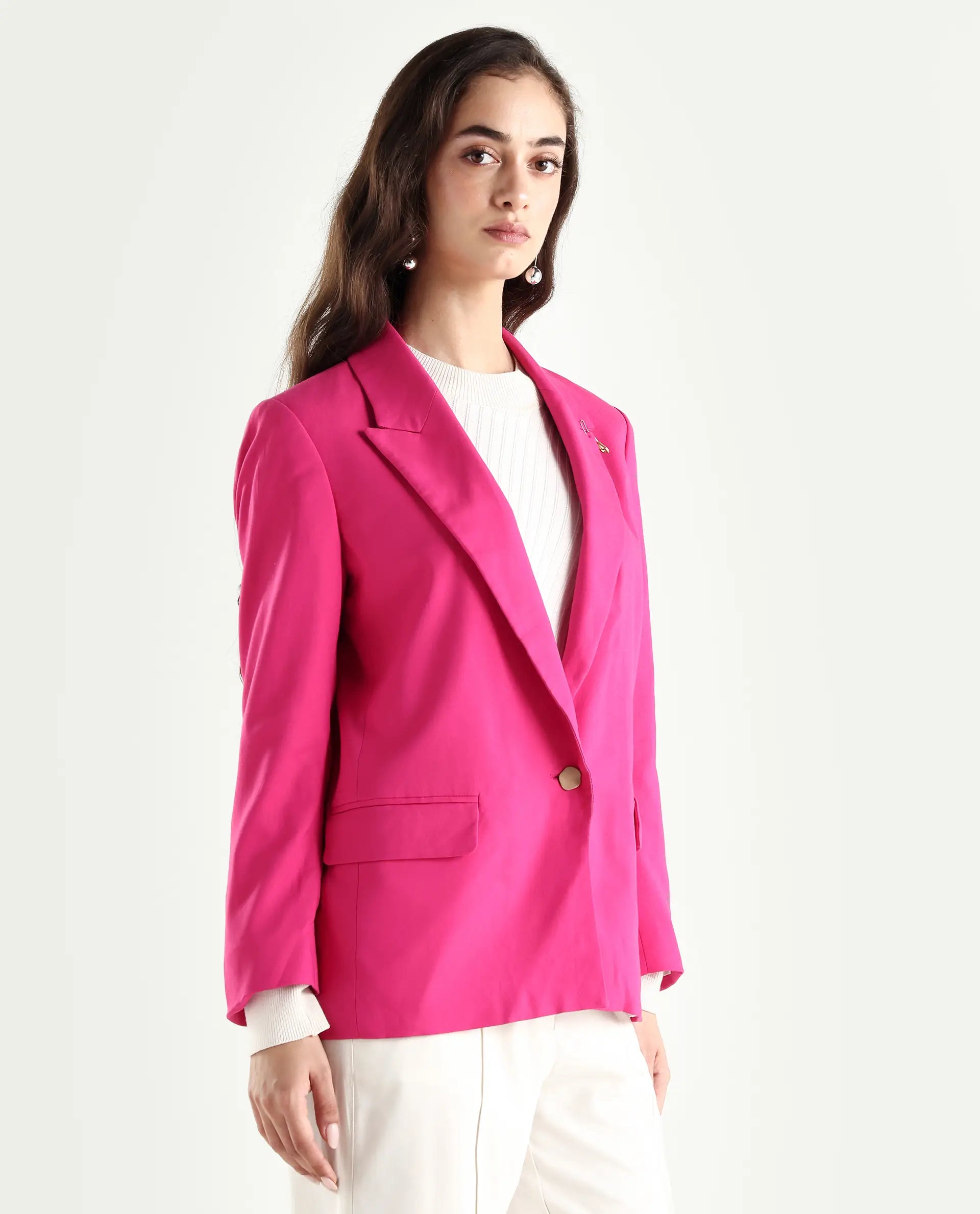 Rareism Women's Ziva Pink Polyester Lapel Neck Plain Tailored Blazer