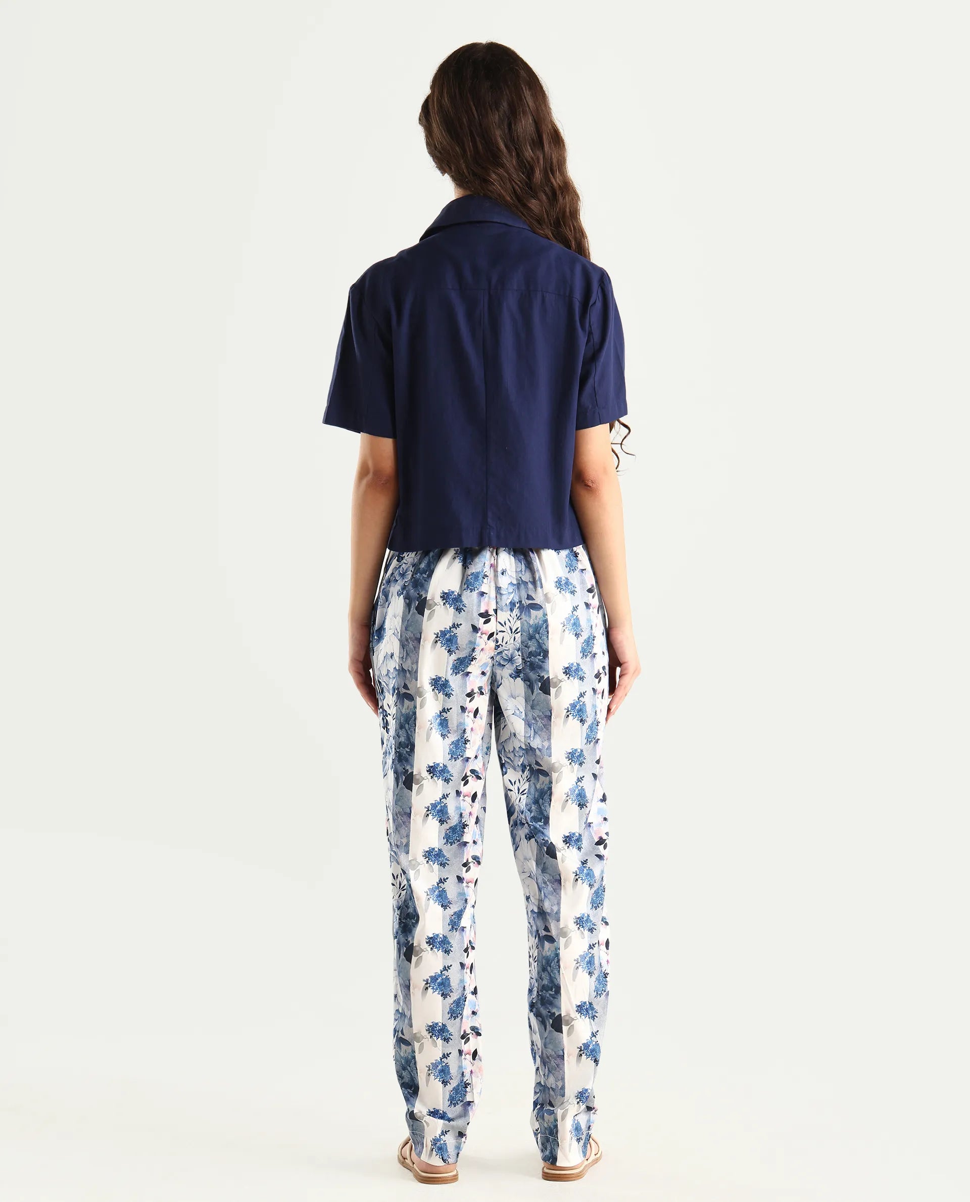 Rareism Women's Rabella Blue Polyester Floral Print Ankle Length Tailored Trouser