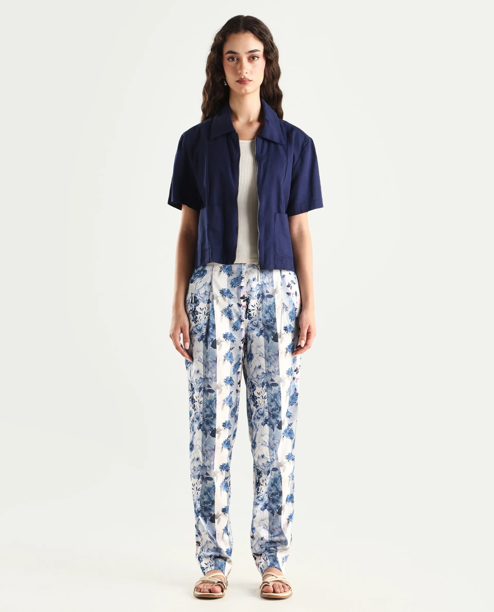 Rareism Women's Rabella Blue Polyester Floral Print Ankle Length Tailored Trouser