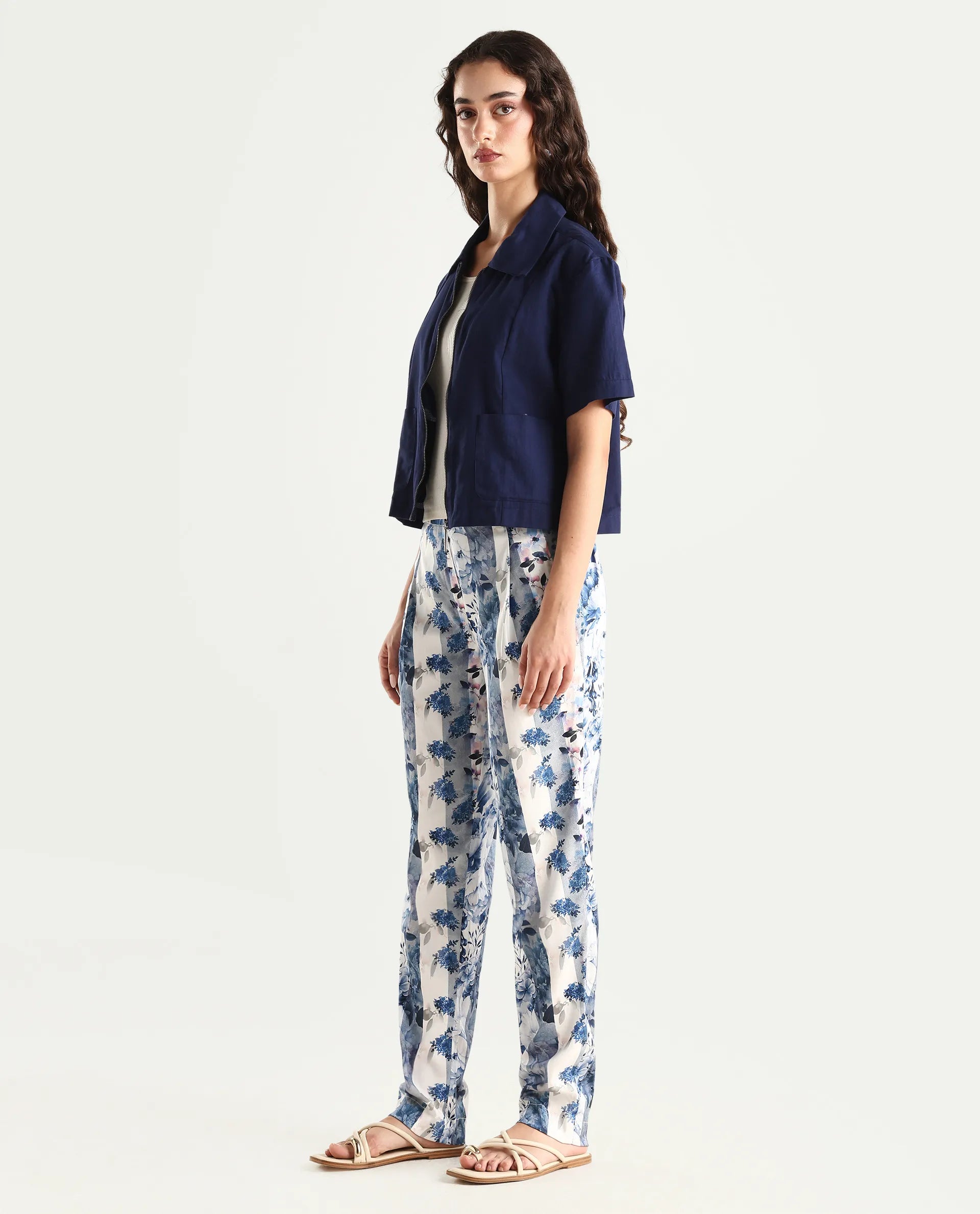 Rareism Women's Rabella Blue Polyester Floral Print Ankle Length Tailored Trouser