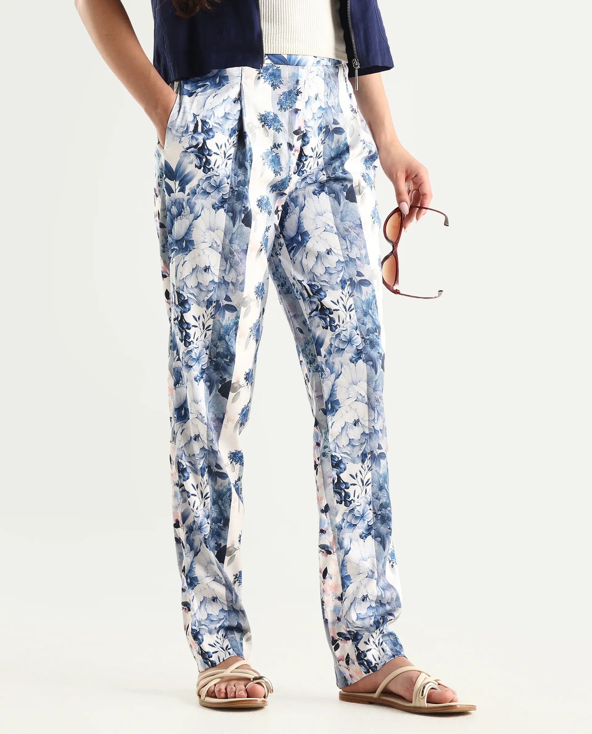 Rareism Women's Rabella Blue Polyester Floral Print Ankle Length Tailored Trouser
