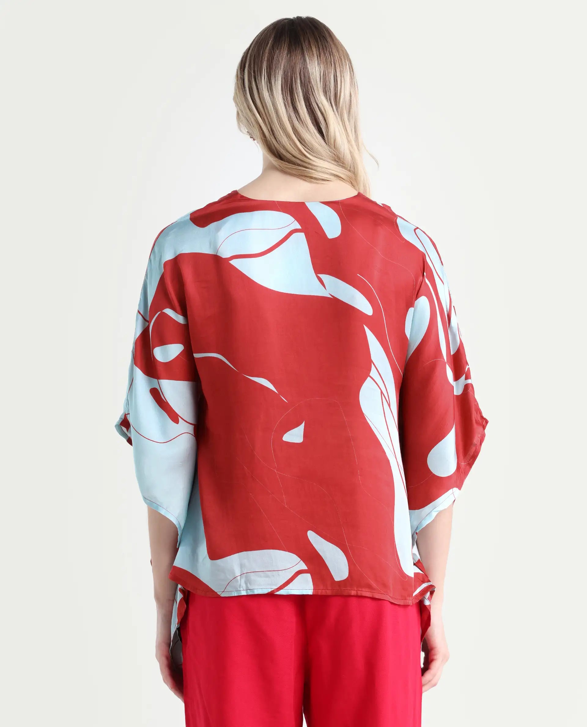 Rareism Women's Alyse Maroon Modal V-Neck Abstract Print Regular Fit Top