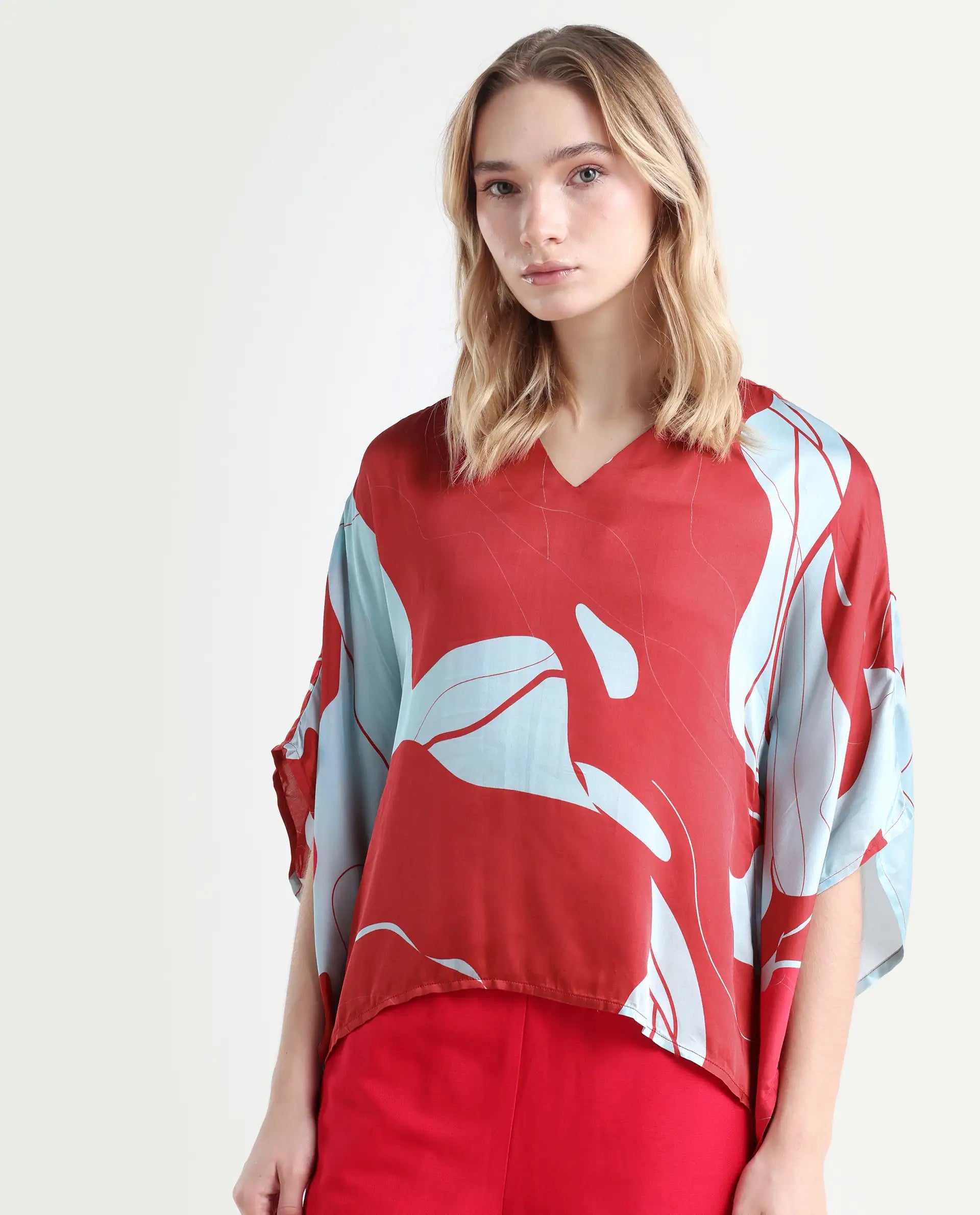 Rareism Women's Alyse Maroon Modal V-Neck Abstract Print Regular Fit Top