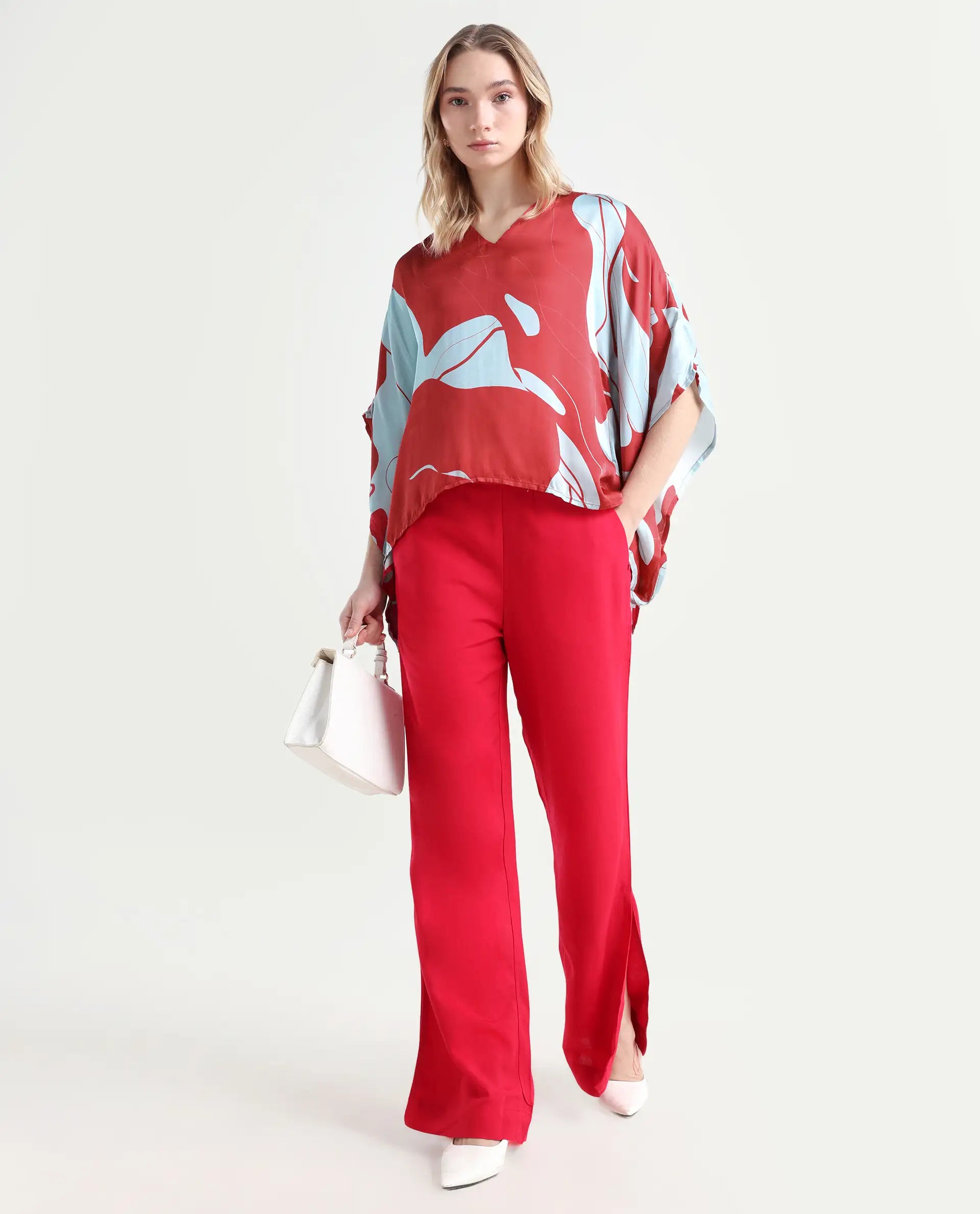 Rareism Women's Alyse Maroon Modal V-Neck Abstract Print Regular Fit Top