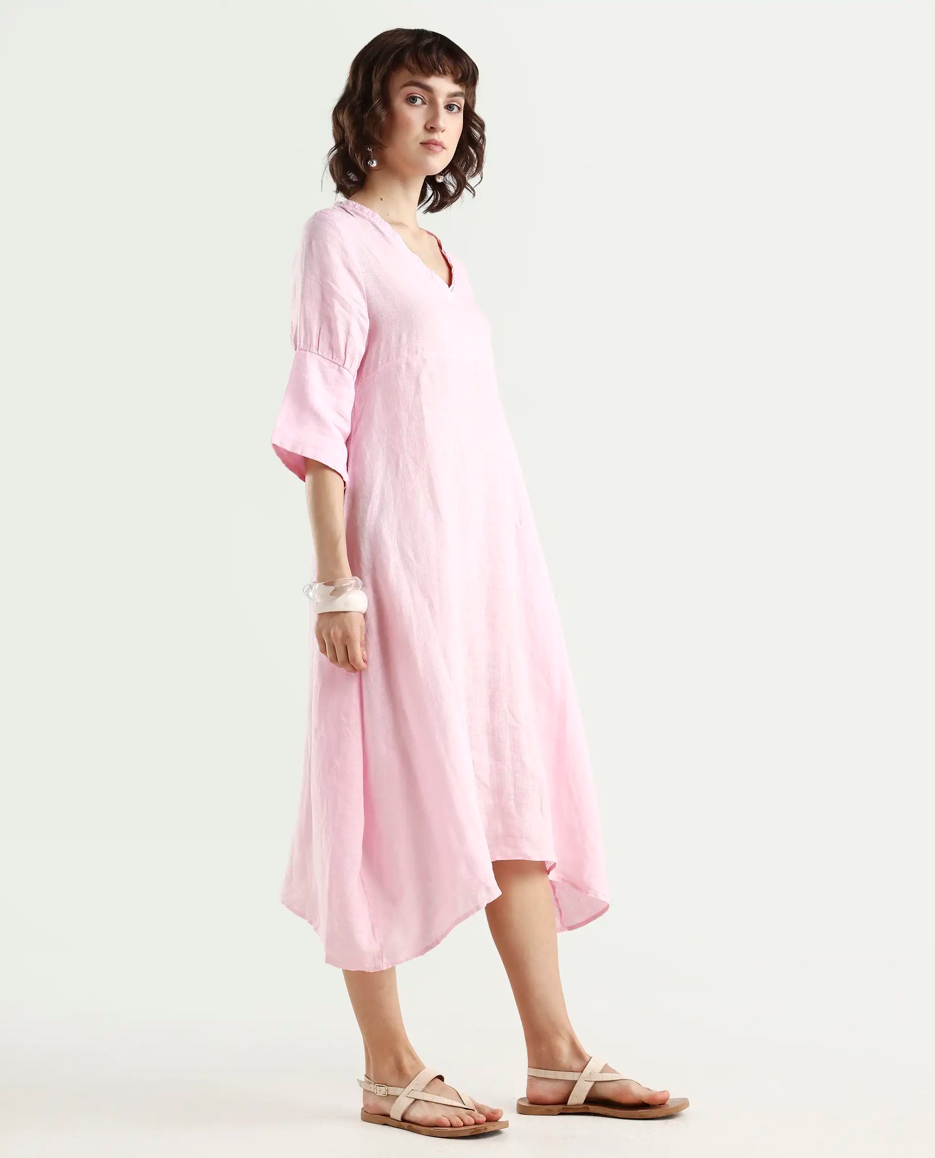 Rareism Women's Chreey 1 Pink Linen V-Neck Plain Extended Sleeves Knee Length Relaxed Fit Dress