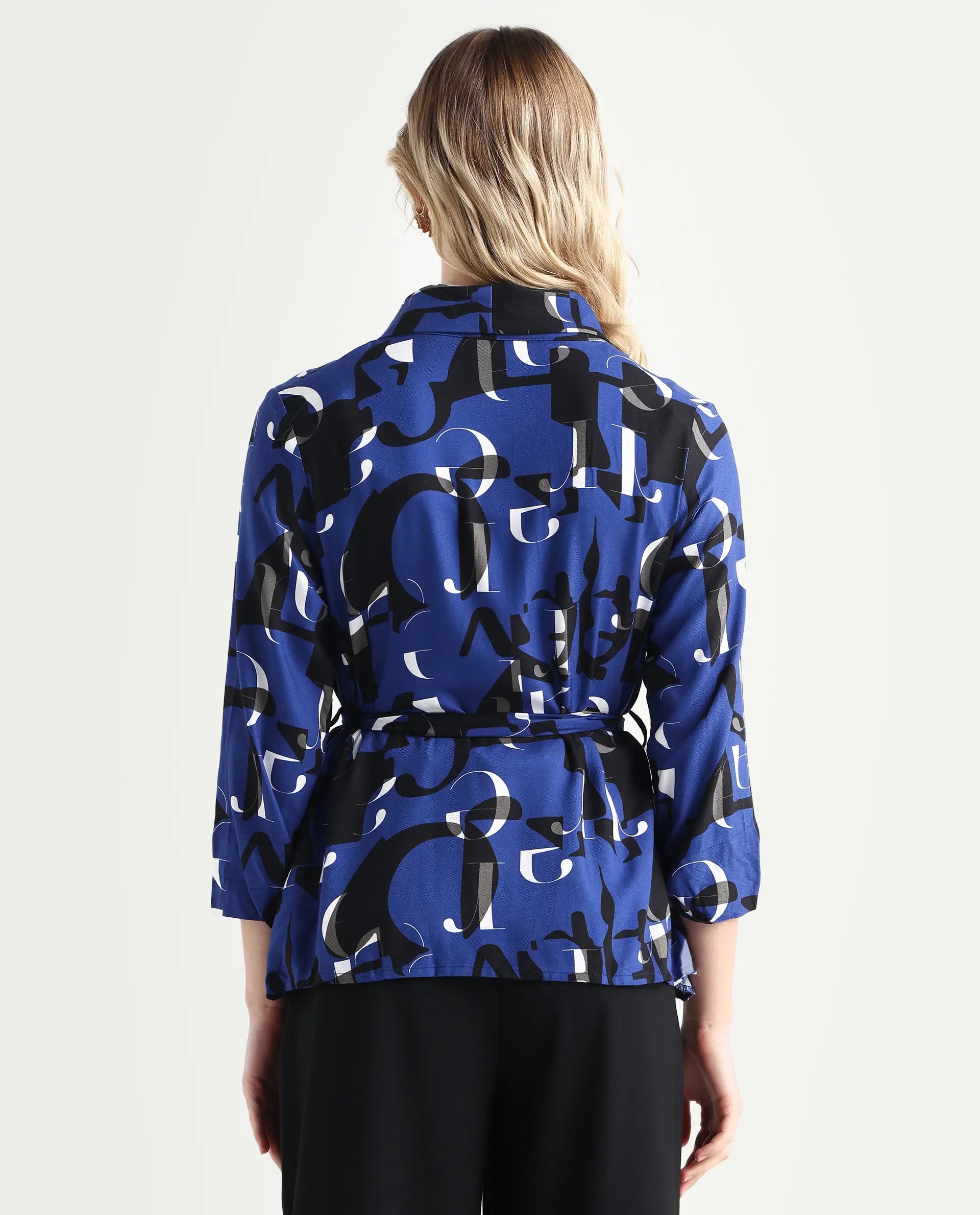 Rareism Women's Billie Blue Viscose Collarless Monogram Print Regular Fit Shrug