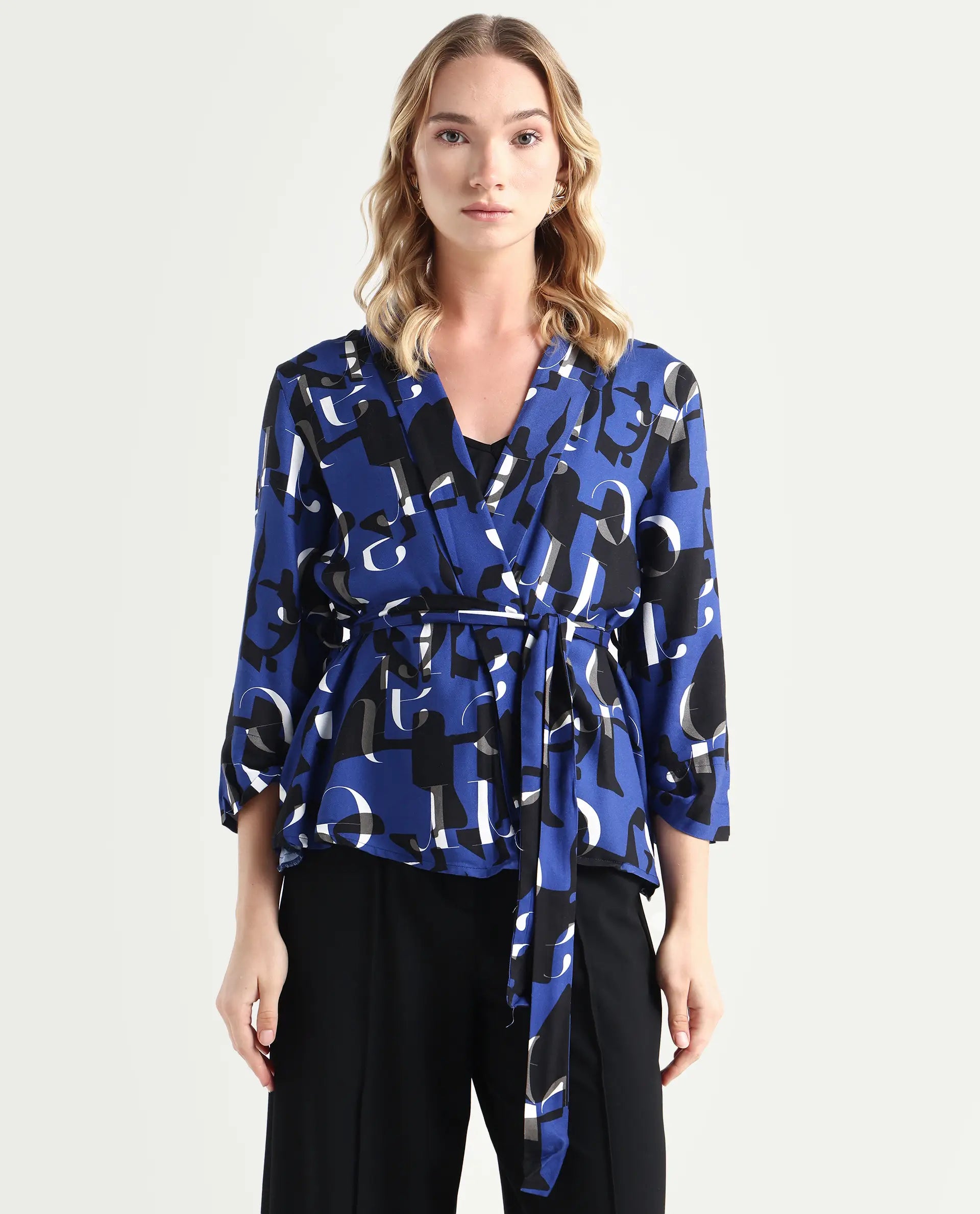 Rareism Women's Billie Blue Viscose Collarless Monogram Print Regular Fit Shrug