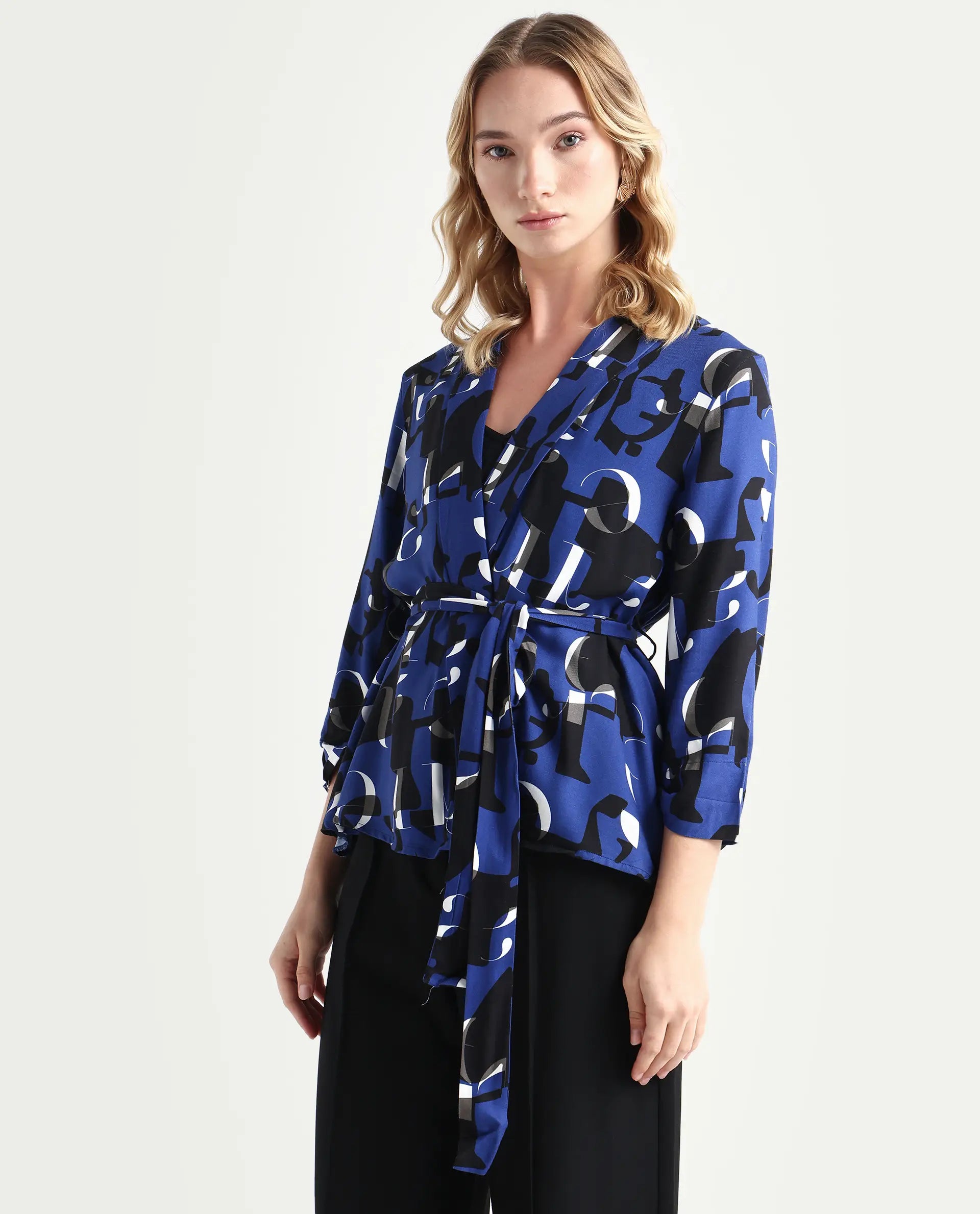 Rareism Women's Billie Blue Viscose Collarless Monogram Print Regular Fit Shrug