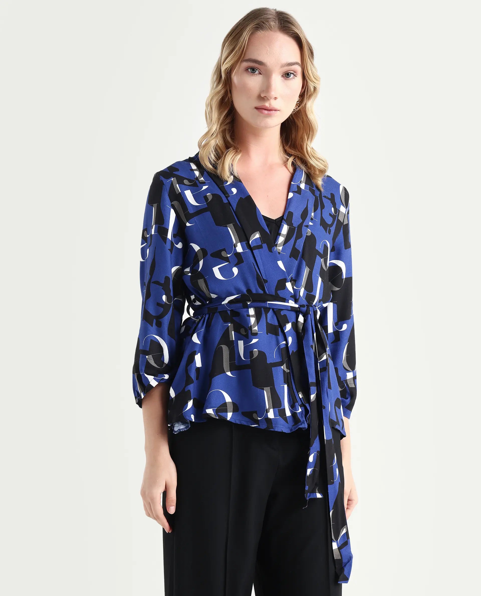 Rareism Women's Billie Blue Viscose Collarless Monogram Print Regular Fit Shrug