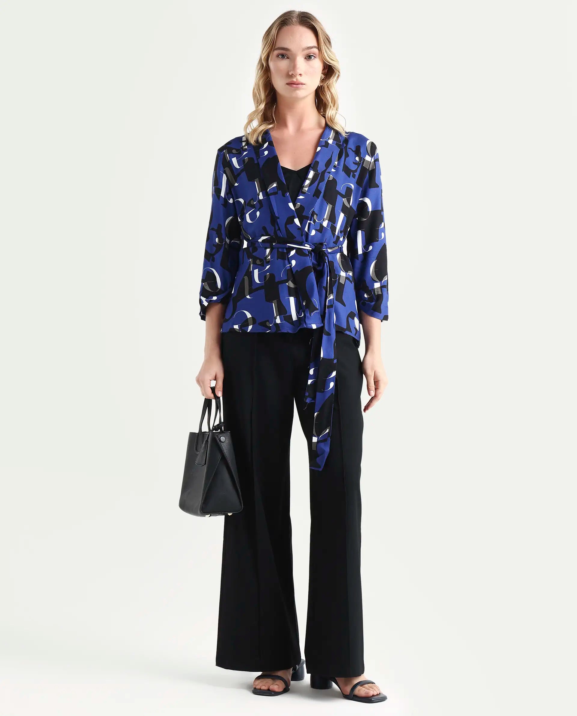 Rareism Women's Billie Blue Viscose Collarless Monogram Print Regular Fit Shrug