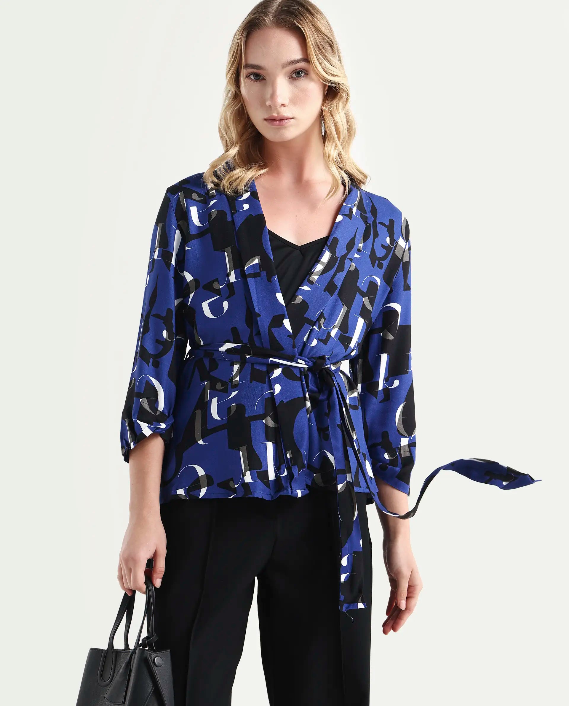Rareism Women's Billie Blue Viscose Collarless Monogram Print Regular Fit Shrug