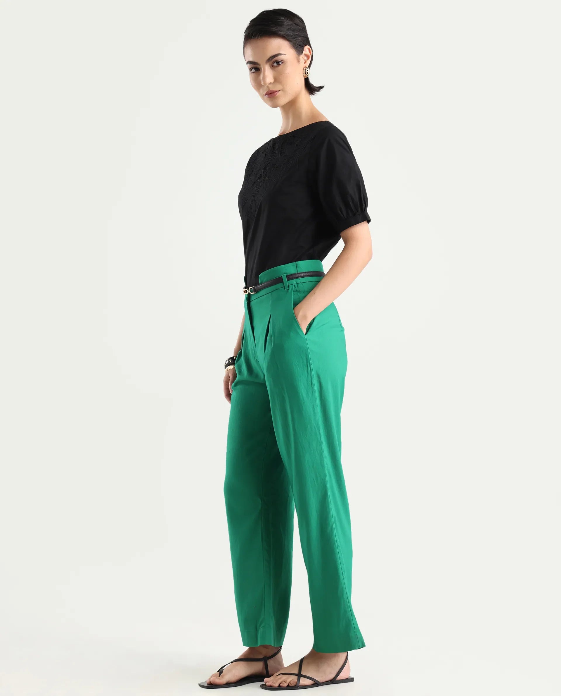 Rareism Women's Evanova Green Viscose Plain Ankle Length Regular Fit Trouser