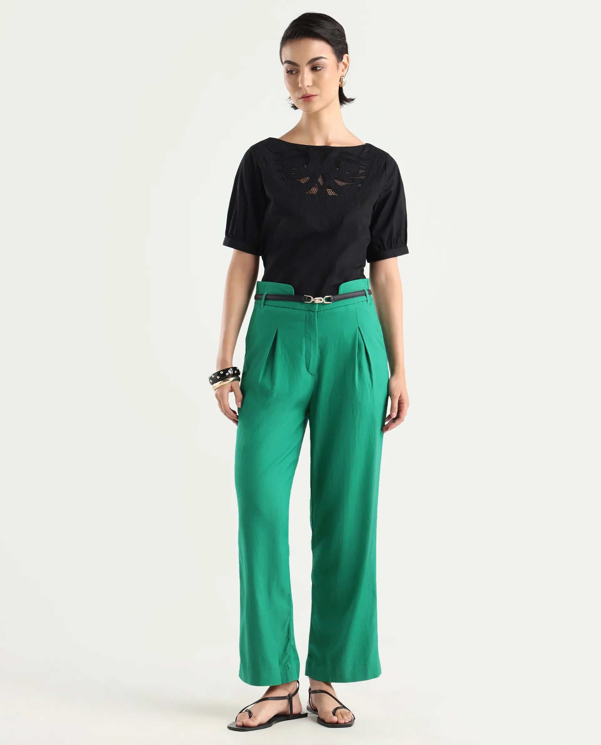 Rareism Women's Evanova Green Viscose Plain Ankle Length Regular Fit Trouser