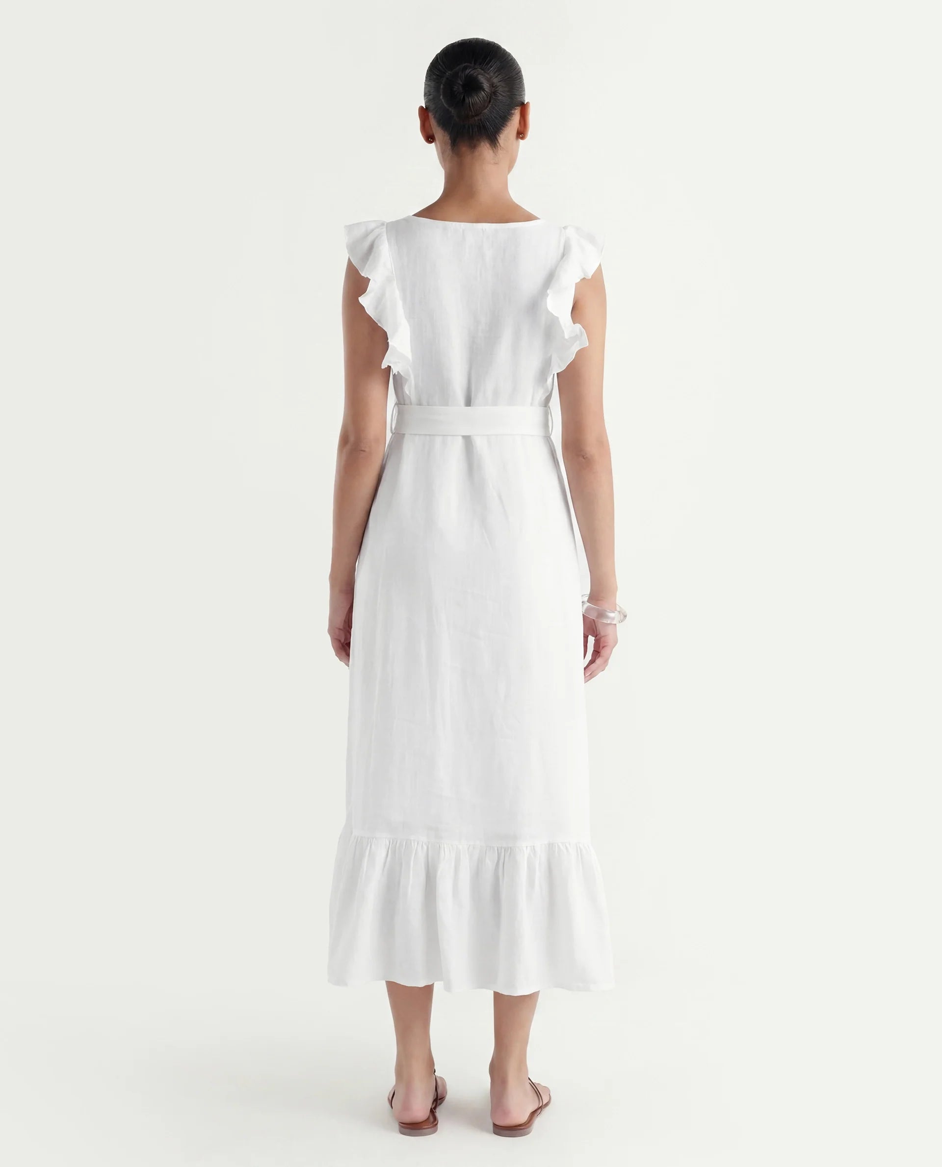 Rareism Women's Anne White Linen Boat Neck Plain Ruffled Sleeve Maxi Regular Fit Dress