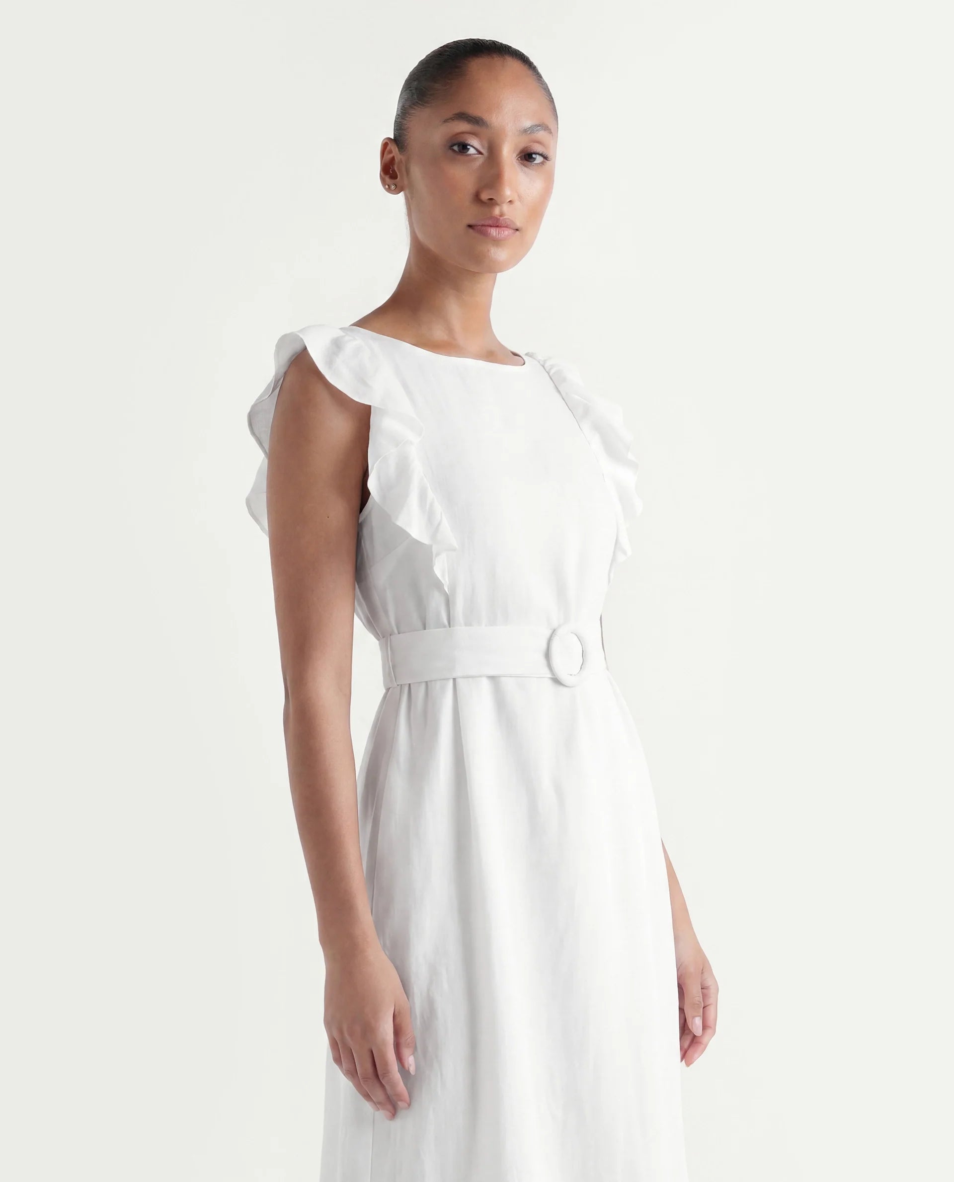 Rareism Women's Anne White Linen Boat Neck Plain Ruffled Sleeve Maxi Regular Fit Dress