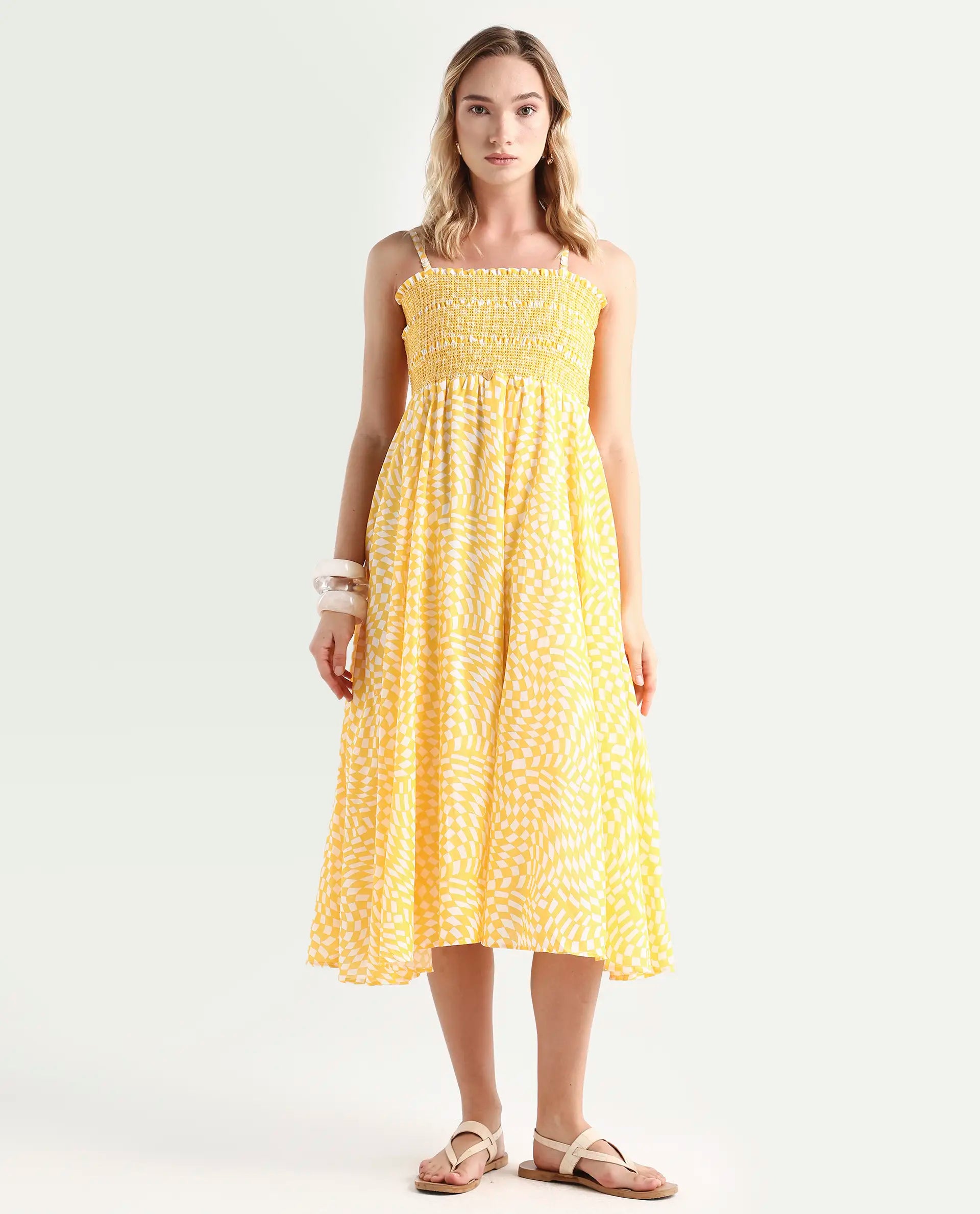 Rareism Women's Daffodil Yellow Cotton Tube Neck Printed Shoulder Strap Knee Length Regular Fit Dress