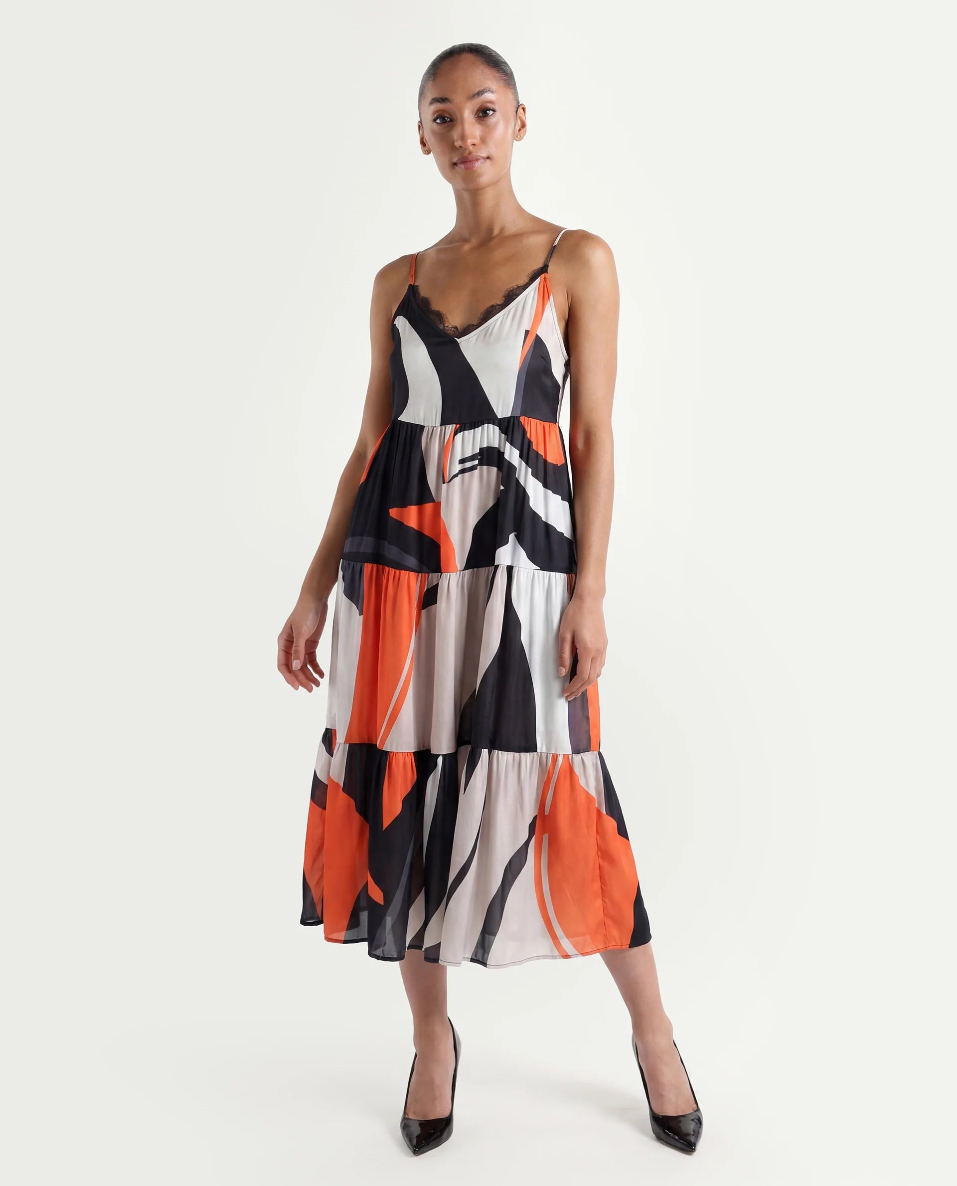 Rareism Women's Agans Multi Polyester V-Neck Abstract Print Shoulder Strap Maxi Regular Fit Dress