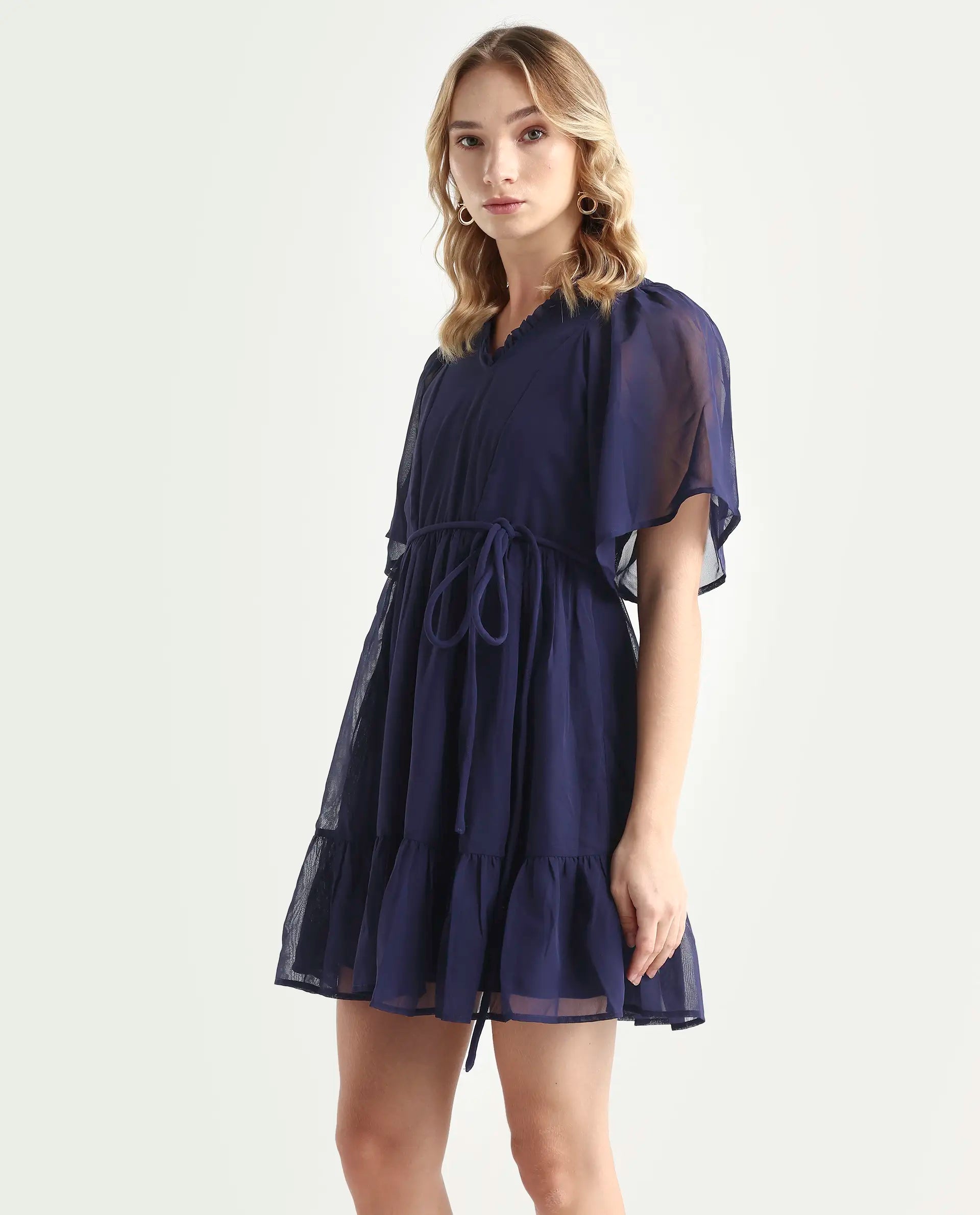 Rareism Women's Hocker Navy Polyester V-Neck Plain Flutter Sleeve Mini Regular Fit Dress