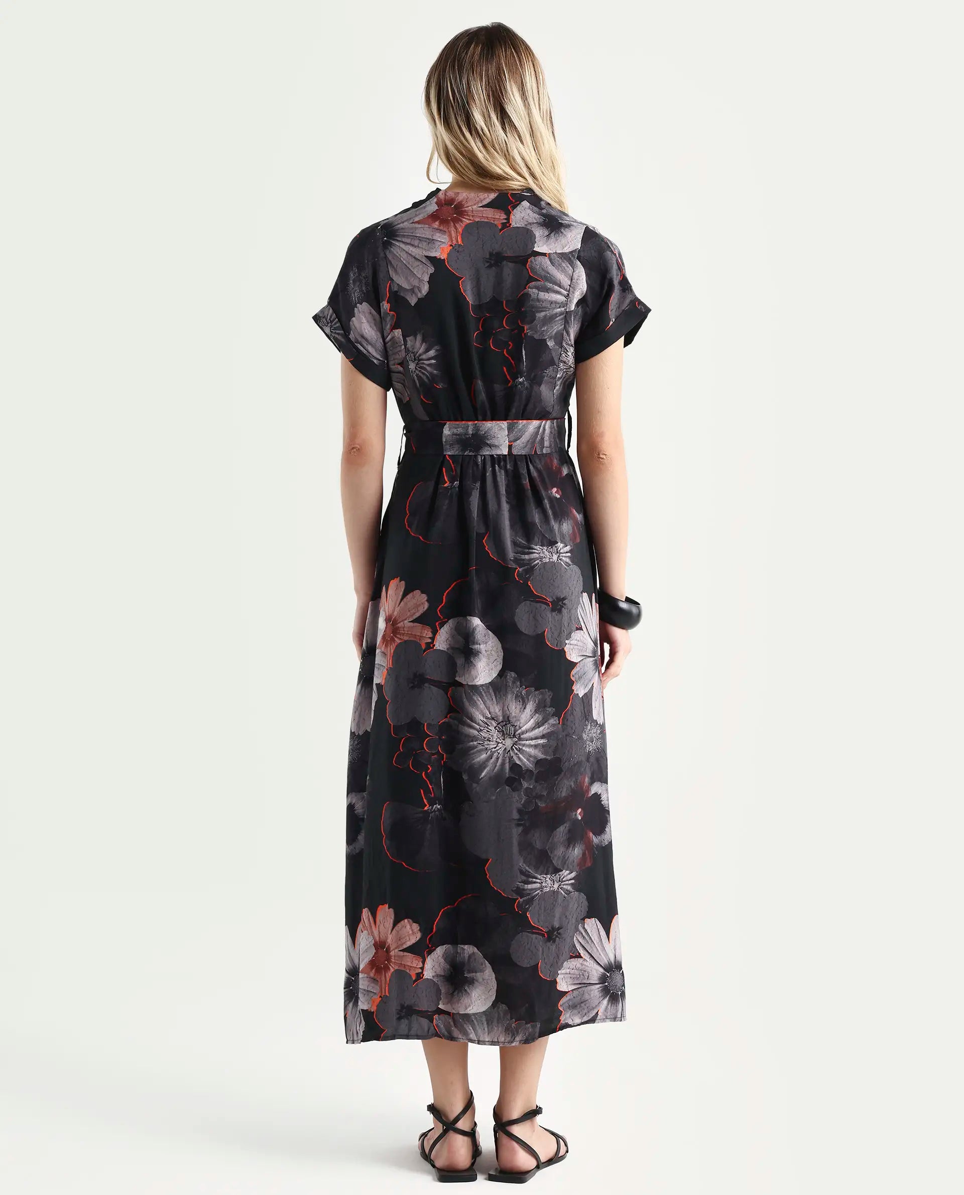 Rareism Women's Ringel Black Polyester Blend V-Neck Floral Print Extended Sleeves Maxi Regular Fit Dress