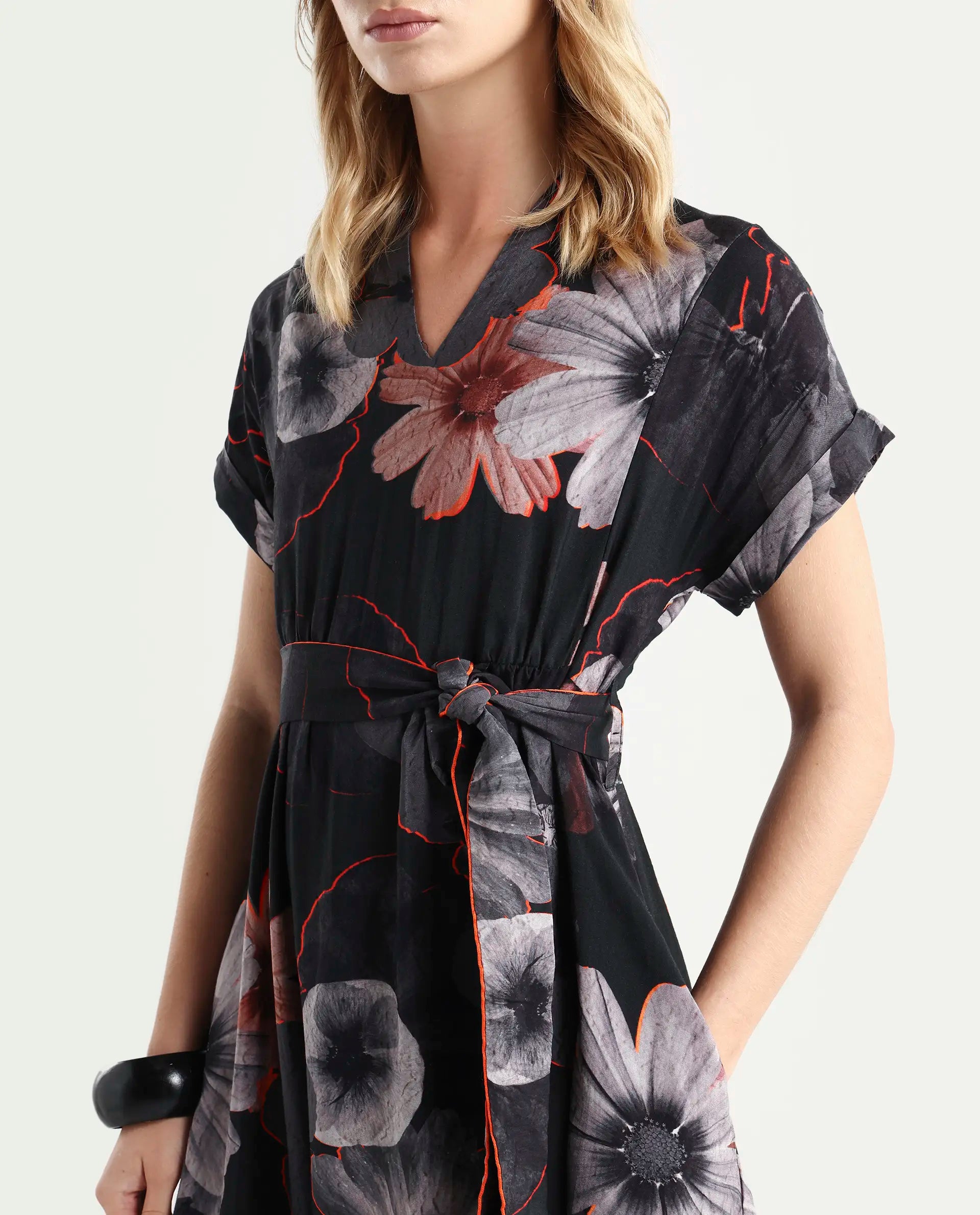 Rareism Women's Ringel Black Polyester Blend V-Neck Floral Print Extended Sleeves Maxi Regular Fit Dress