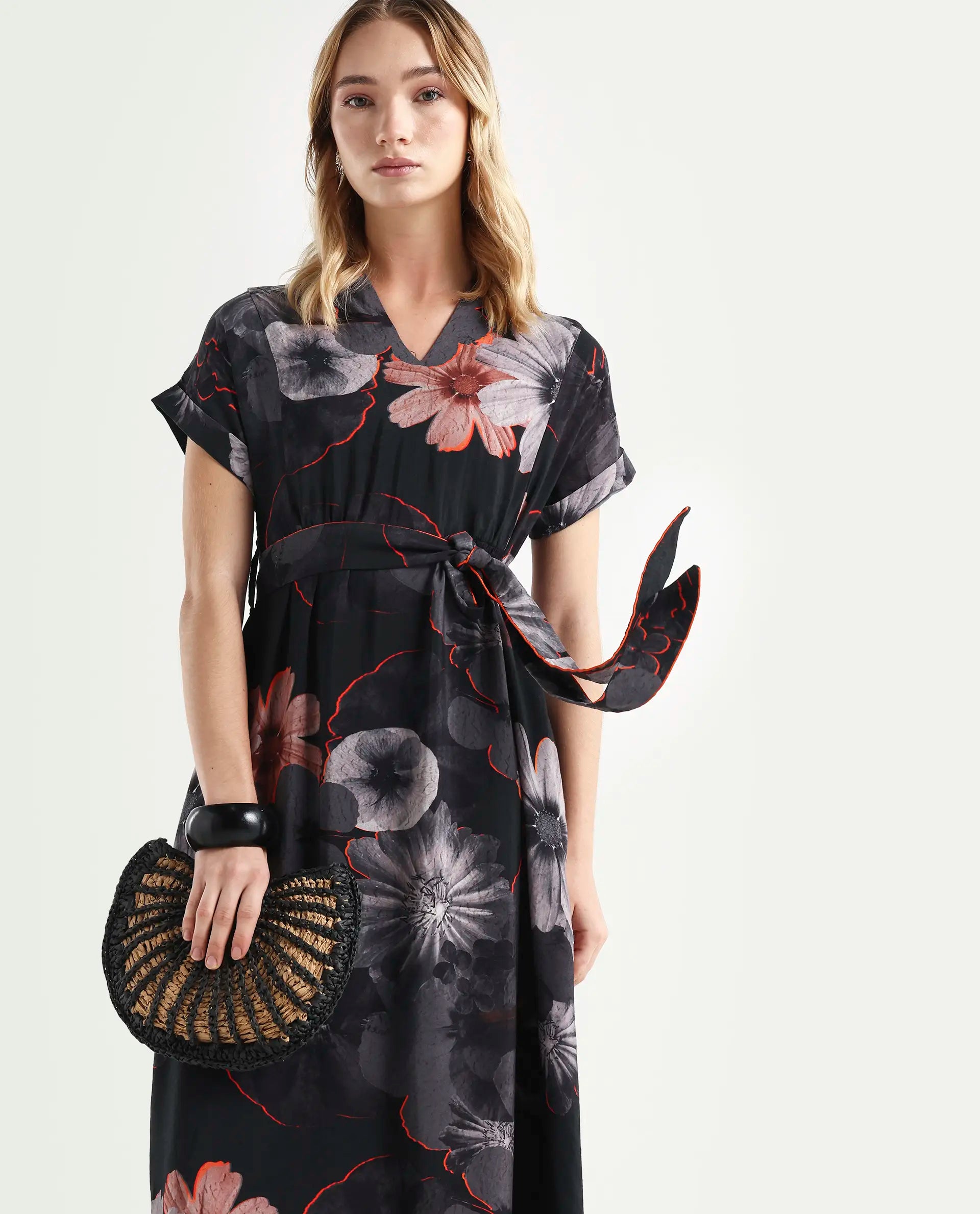 Rareism Women's Ringel Black Polyester Blend V-Neck Floral Print Extended Sleeves Maxi Regular Fit Dress
