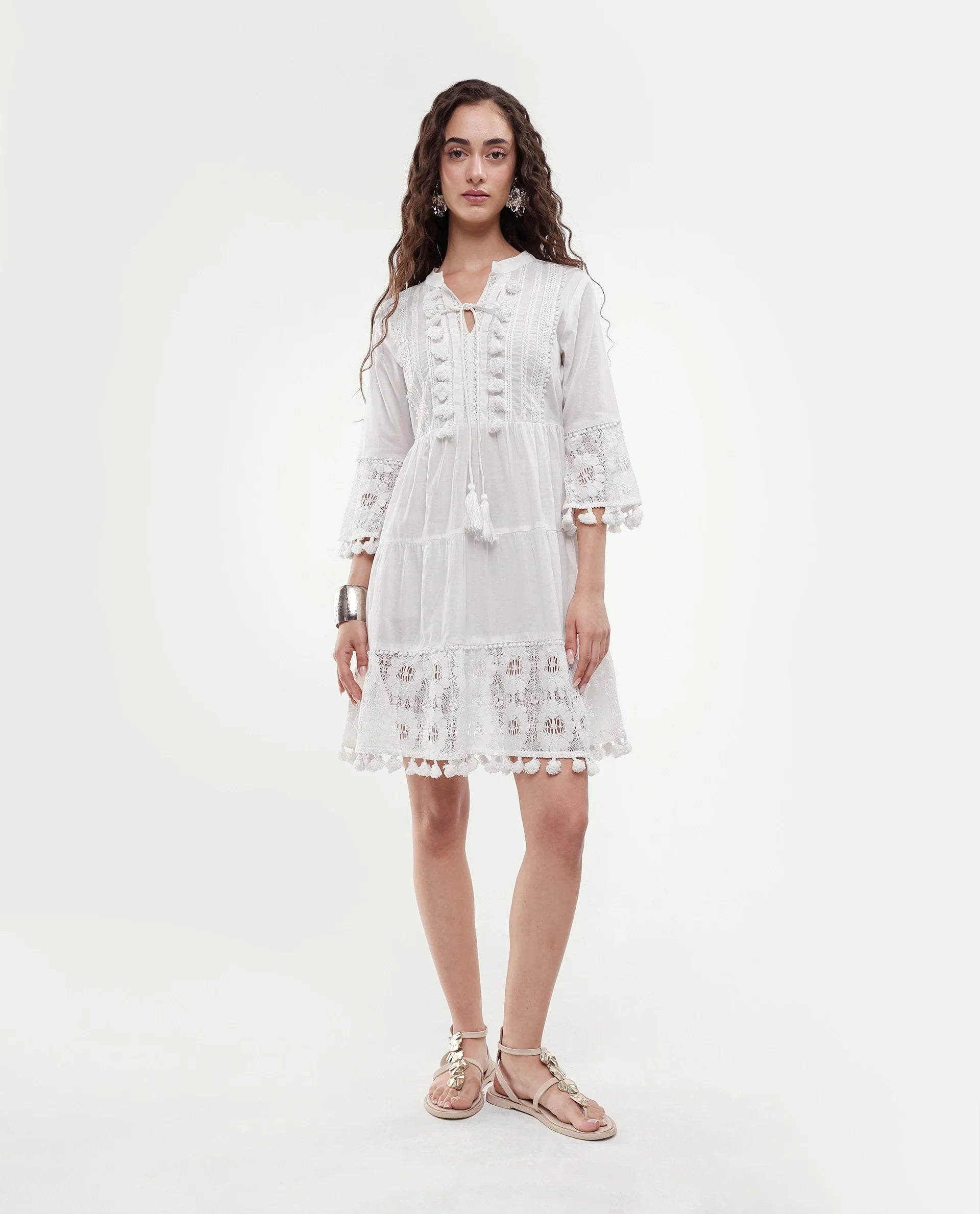 Rareism Women's Andarin White Cotton Tie-Up Neck Plain Bell Sleeve Knee Length Regular Fit Dress