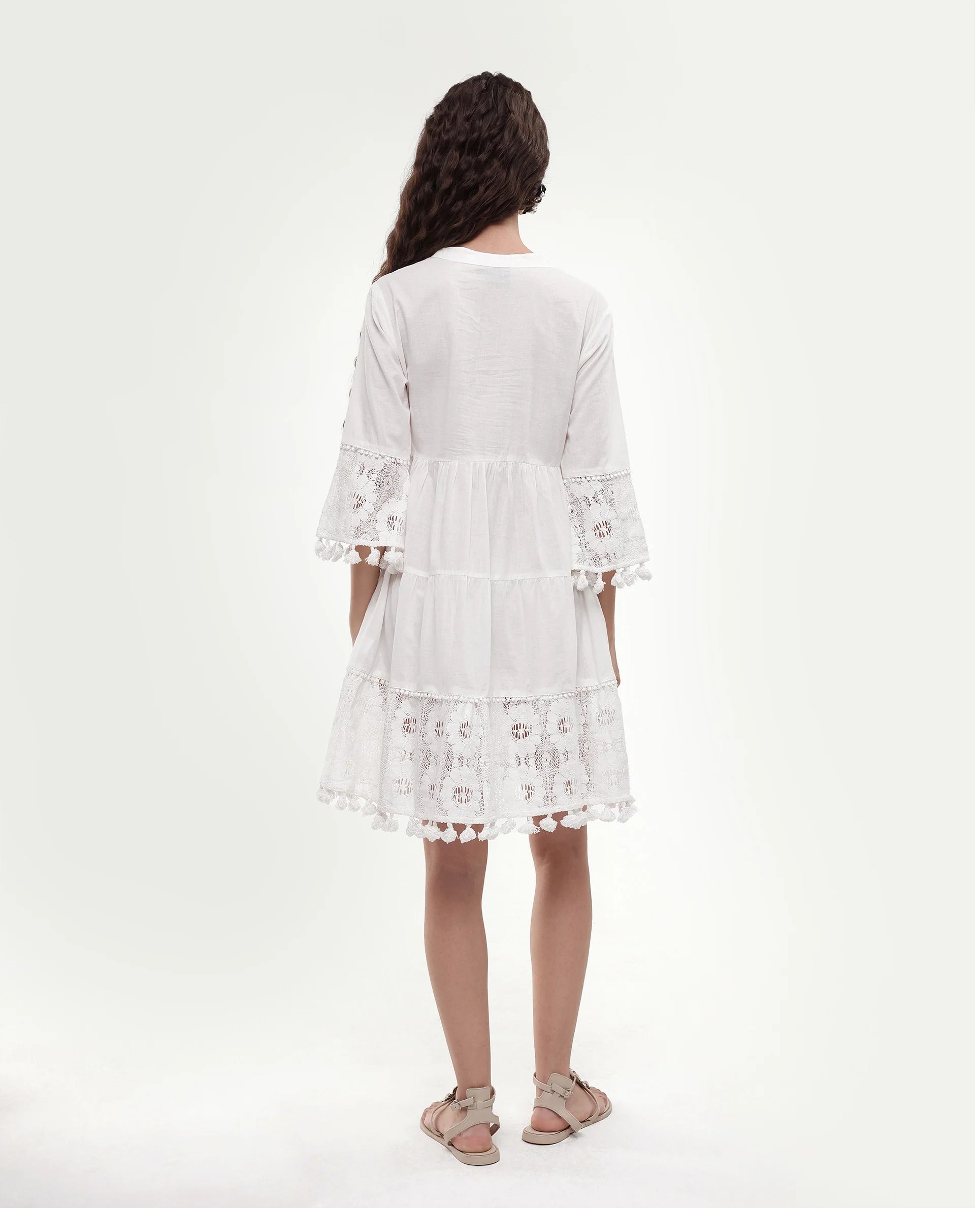 Rareism Women's Andarin White Cotton Tie-Up Neck Plain Bell Sleeve Knee Length Regular Fit Dress