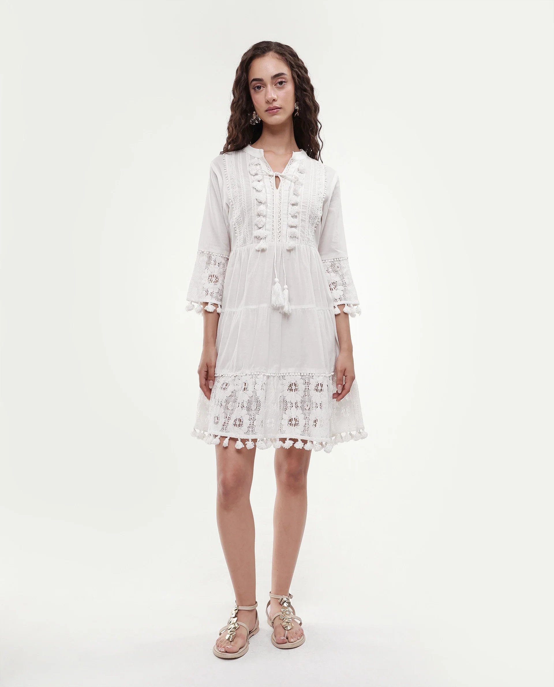 Rareism Women's Andarin White Cotton Tie-Up Neck Plain Bell Sleeve Knee Length Regular Fit Dress