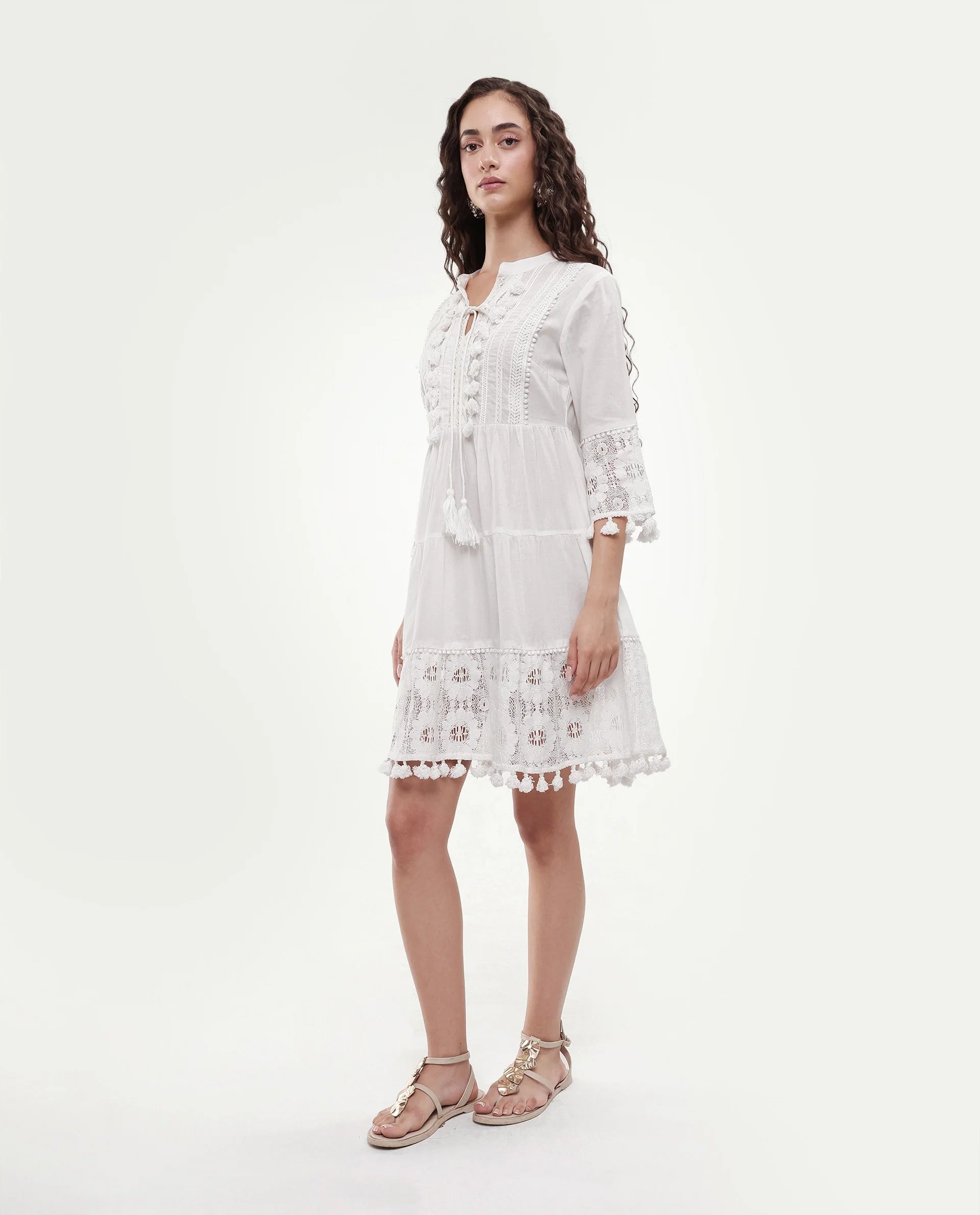 Rareism Women's Andarin White Cotton Tie-Up Neck Plain Bell Sleeve Knee Length Regular Fit Dress
