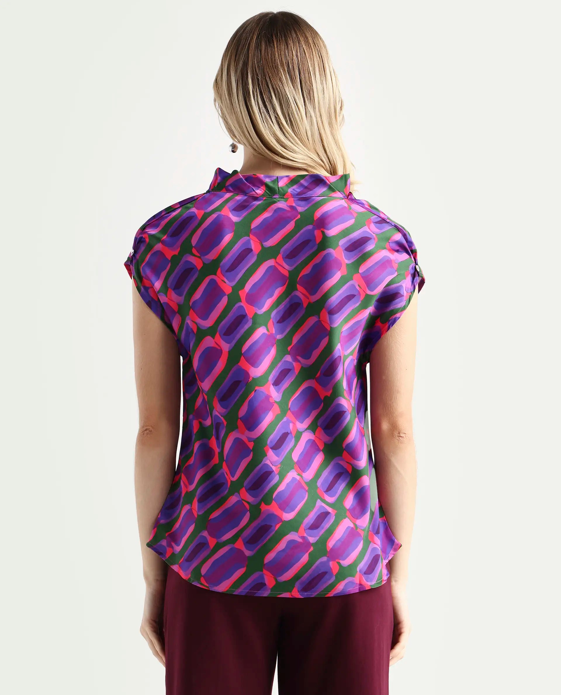 Rareism Women's Jagsan Purple Polyester Cowl Neck Abstract Print Extended Sleeves Relaxed Fit Top