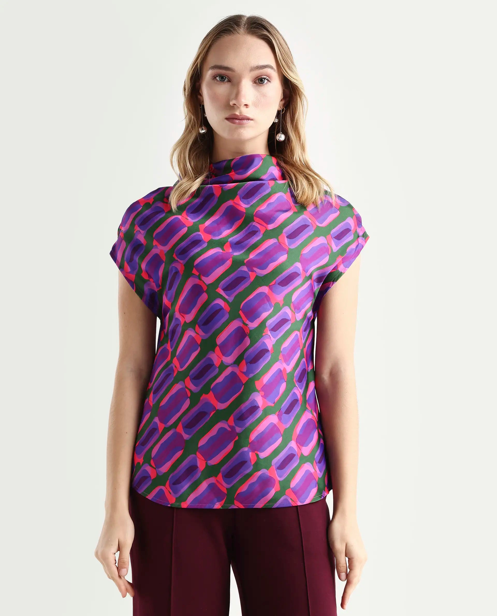 Rareism Women's Jagsan Purple Polyester Cowl Neck Abstract Print Extended Sleeves Relaxed Fit Top