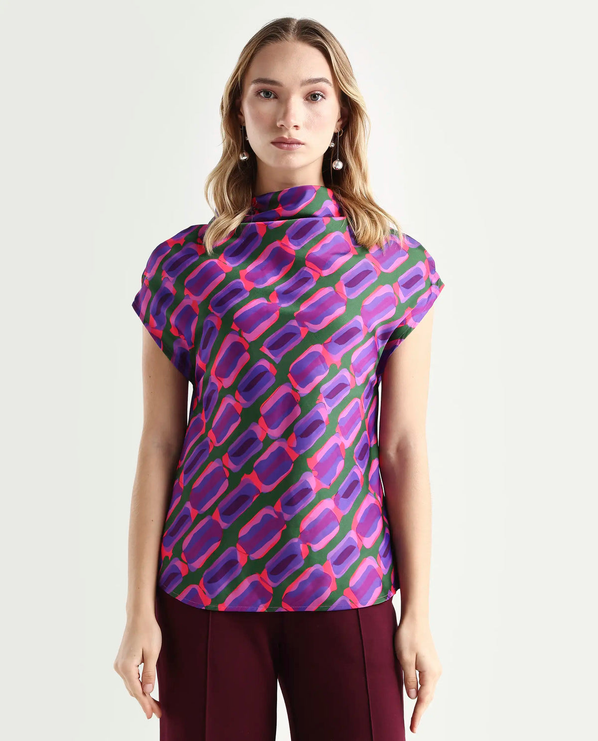 Rareism Women's Jagsan Purple Polyester Cowl Neck Abstract Print Extended Sleeves Relaxed Fit Top