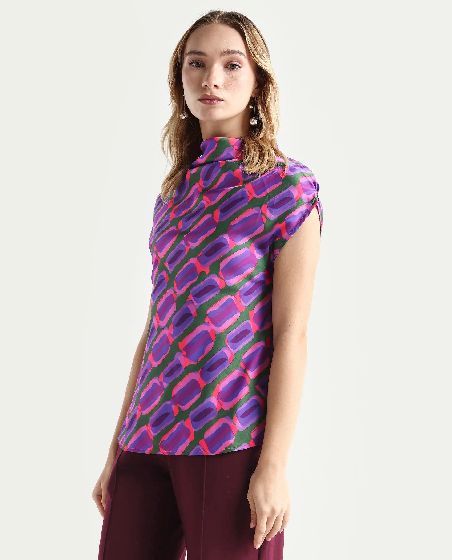 Rareism Women's Jagsan Purple Polyester Cowl Neck Abstract Print Extended Sleeves Relaxed Fit Top