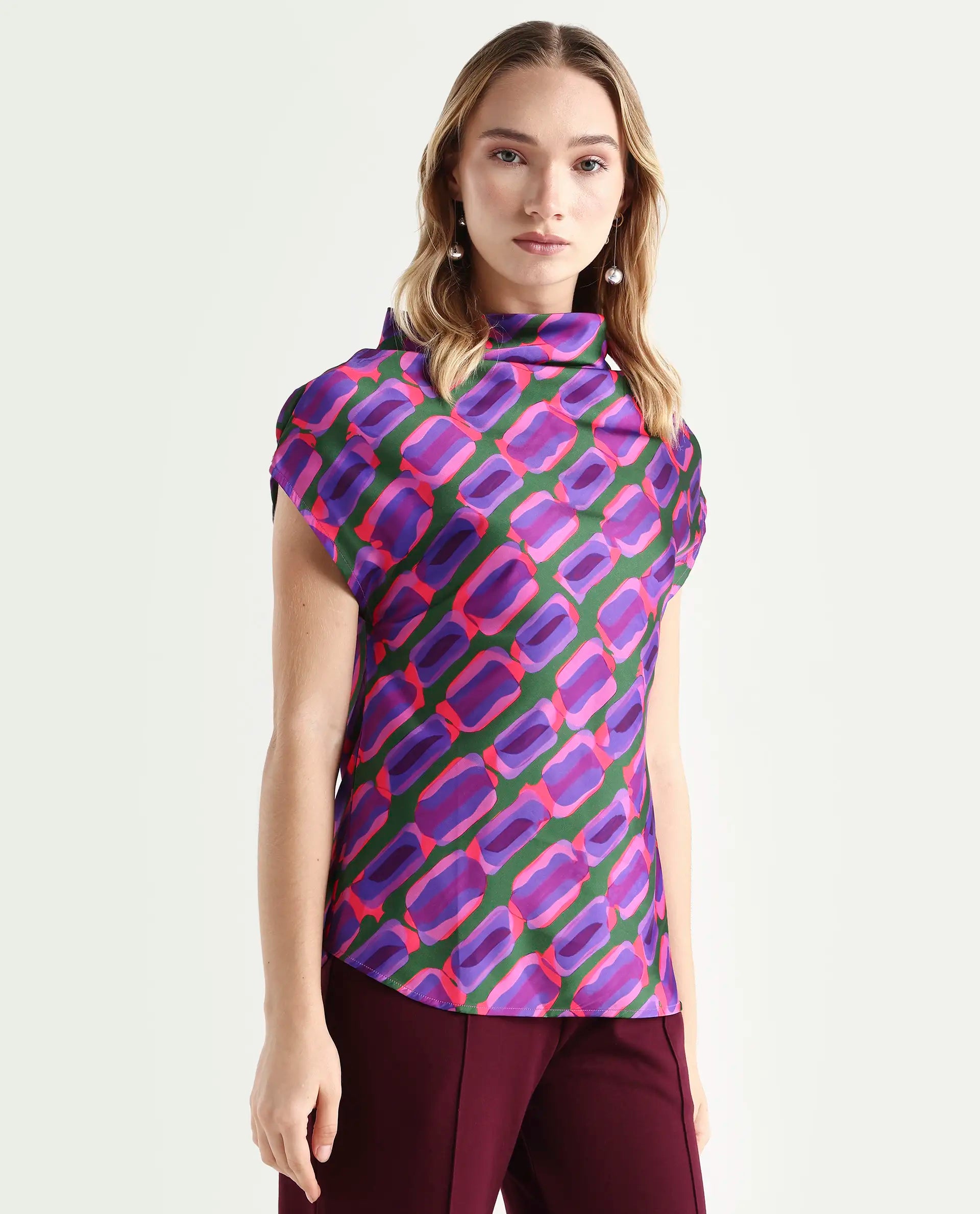 Rareism Women's Jagsan Purple Polyester Cowl Neck Abstract Print Extended Sleeves Relaxed Fit Top