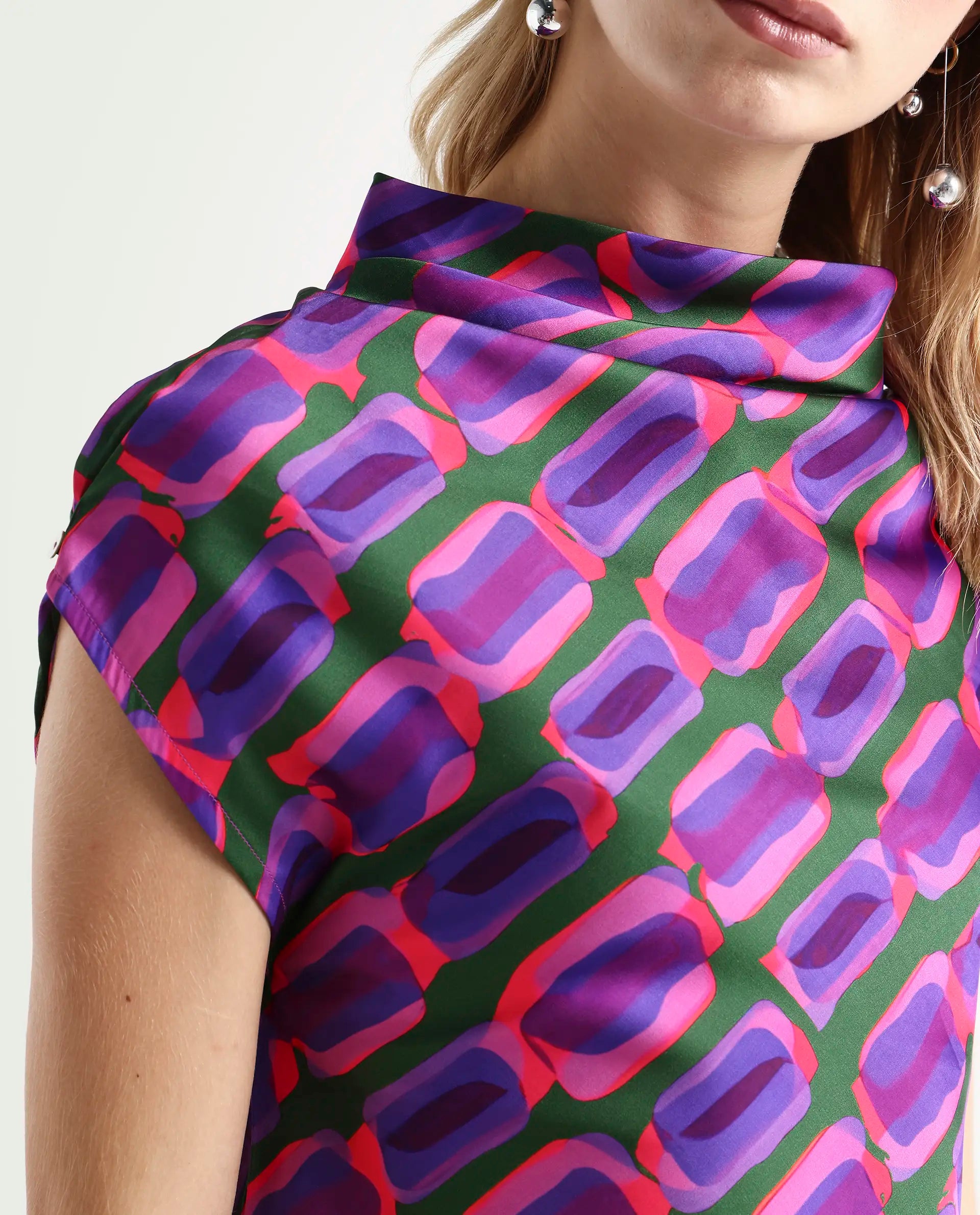 Rareism Women's Jagsan Purple Polyester Cowl Neck Abstract Print Extended Sleeves Relaxed Fit Top