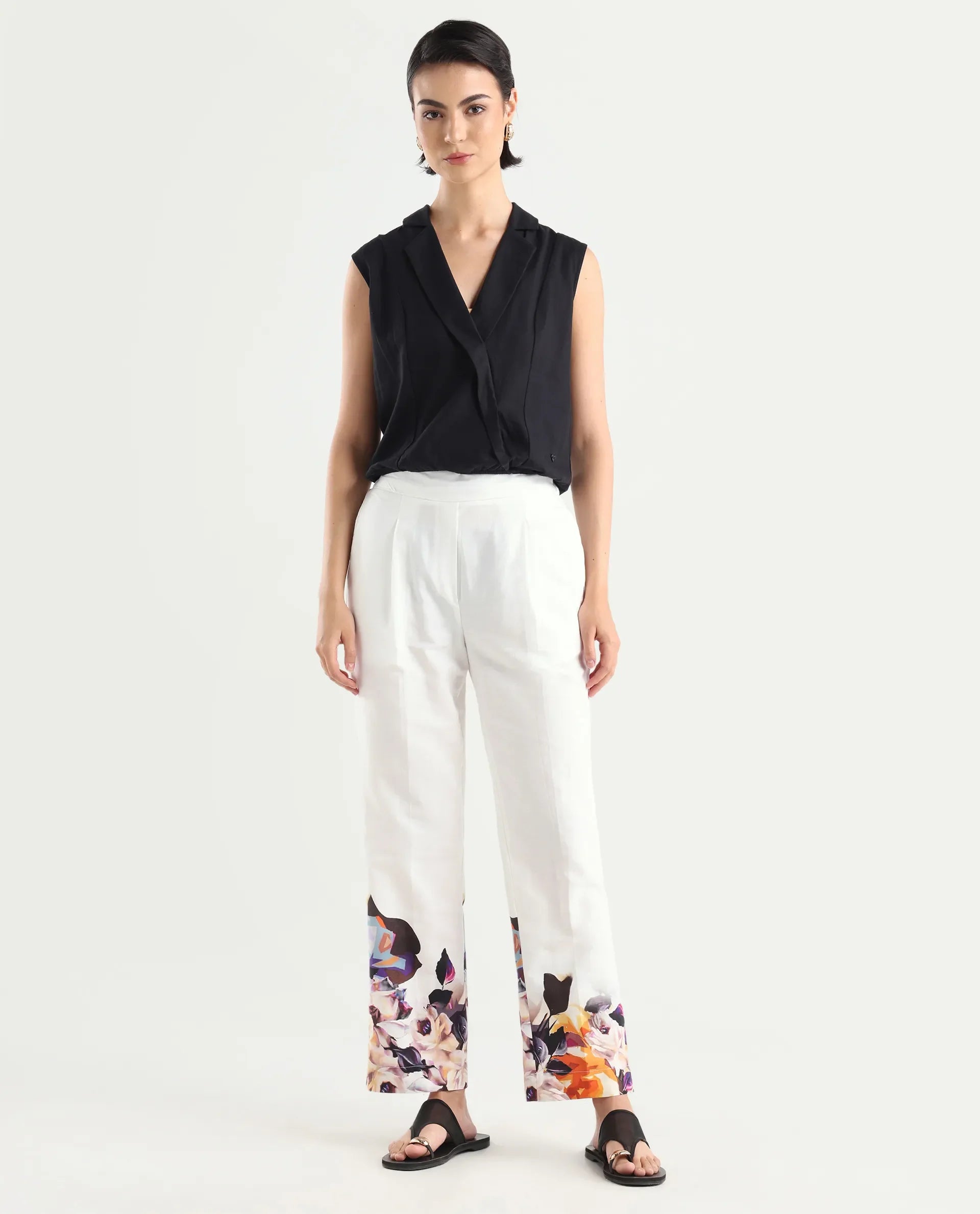 Rareism Women's Weigen White Cotton Floral Print Ankle Length Relaxed Fit Trouser