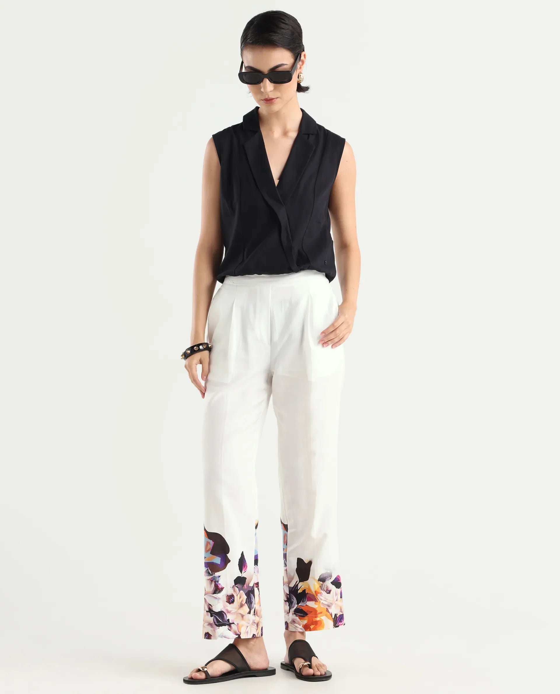 Rareism Women's Weigen White Cotton Floral Print Ankle Length Relaxed Fit Trouser
